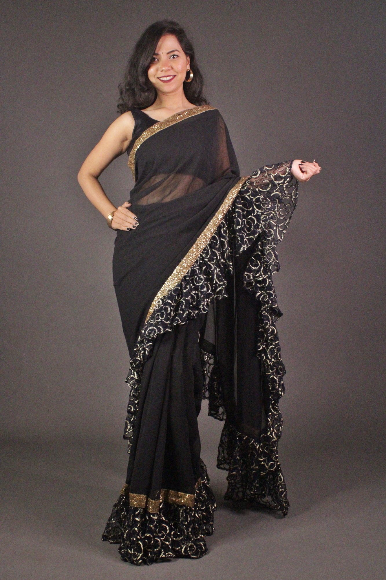 Designer Black Ruffle, with Golden Lace Wrap in 1 minute saree - Isadora Life Online Shopping Store