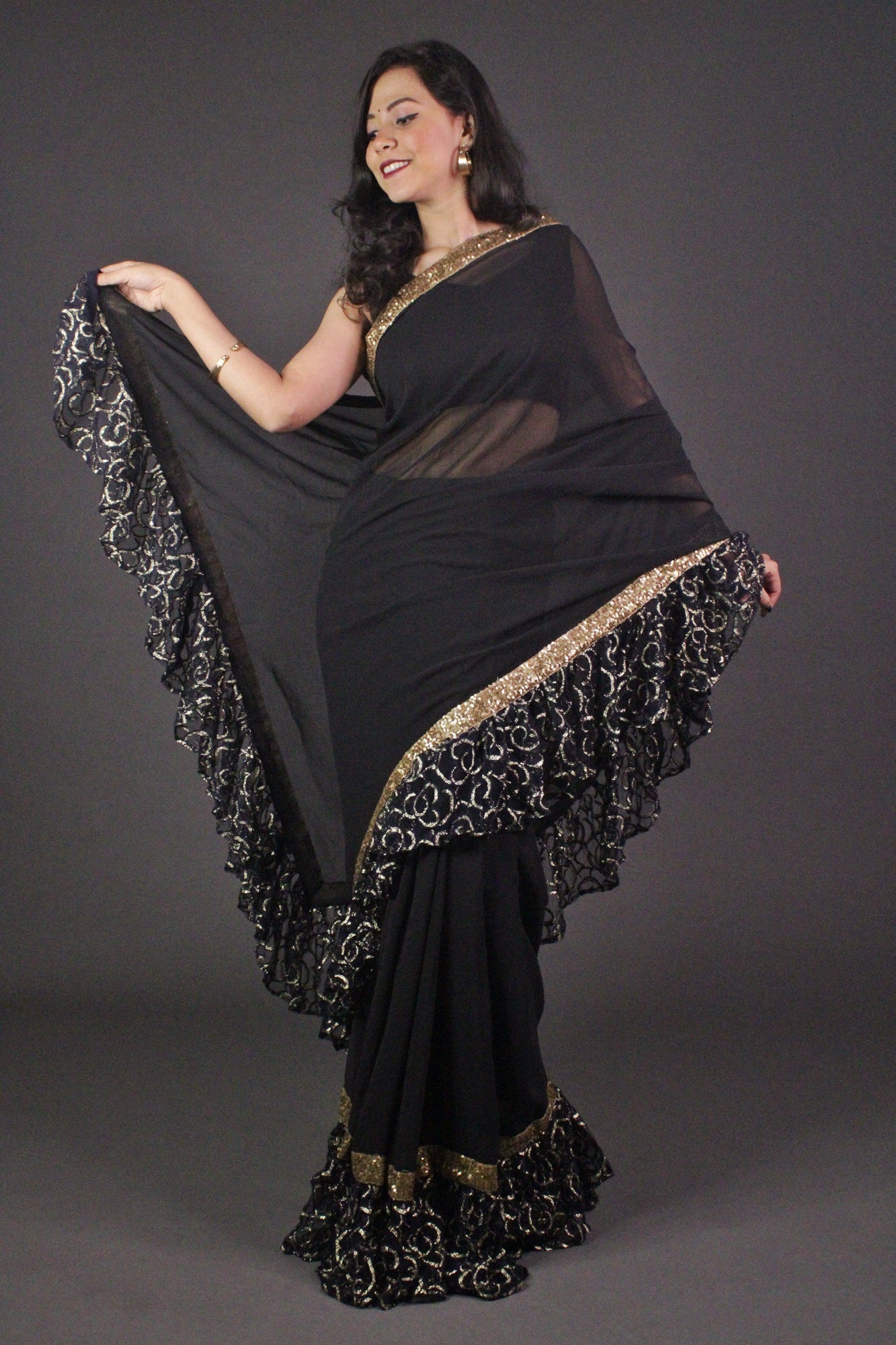 Designer Black Ruffle, with Golden Lace Wrap in 1 minute saree - Isadora Life Online Shopping Store