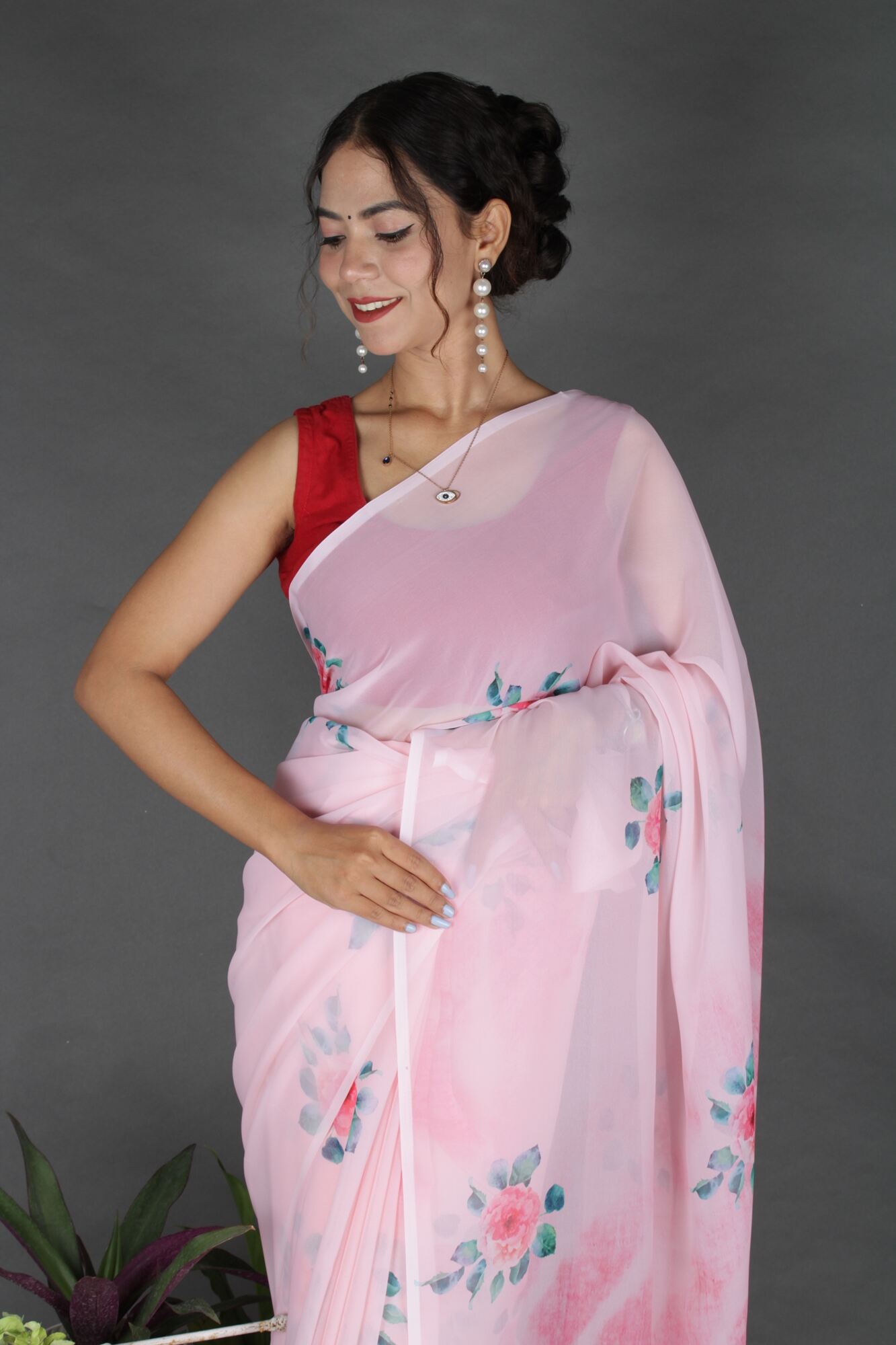Wrap in 1 Minute Pink Floral Georgette Ready made saree with ready blouse - Isadora Life Online Shopping Store