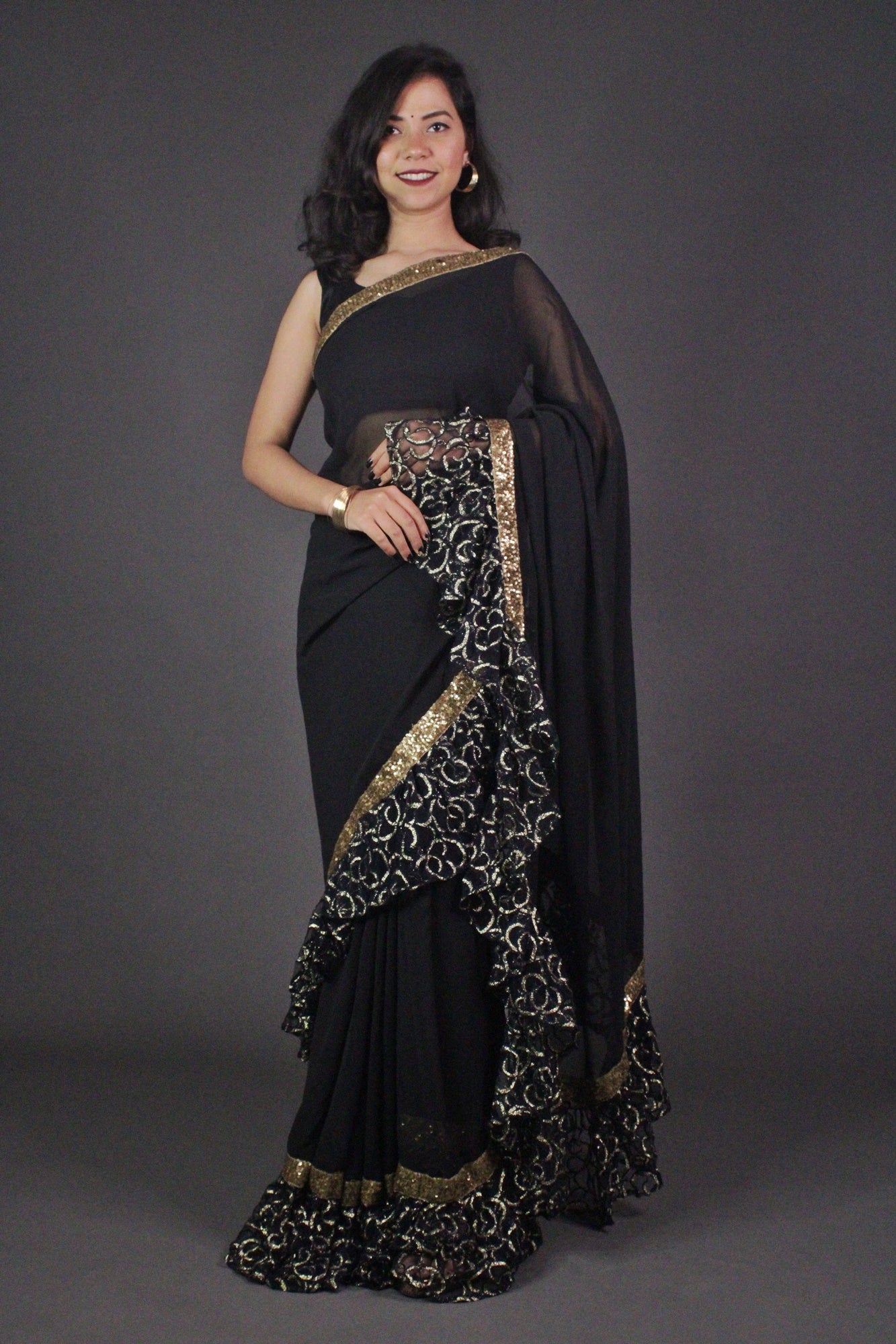 Designer Black Ruffle, with Golden Lace Wrap in 1 minute saree - Isadora Life Online Shopping Store