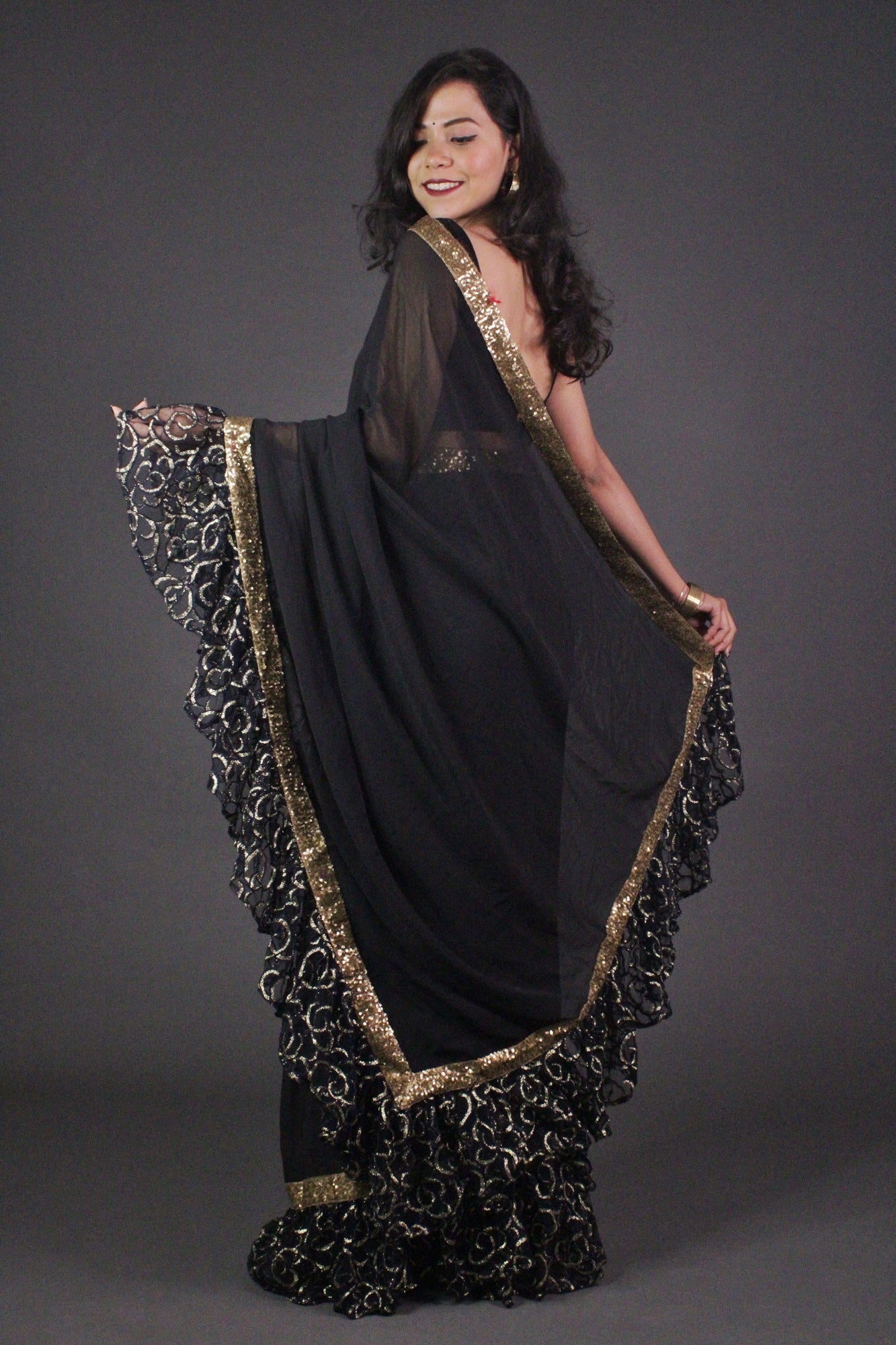 Designer Black Ruffle, with Golden Lace Wrap in 1 minute saree - Isadora Life Online Shopping Store