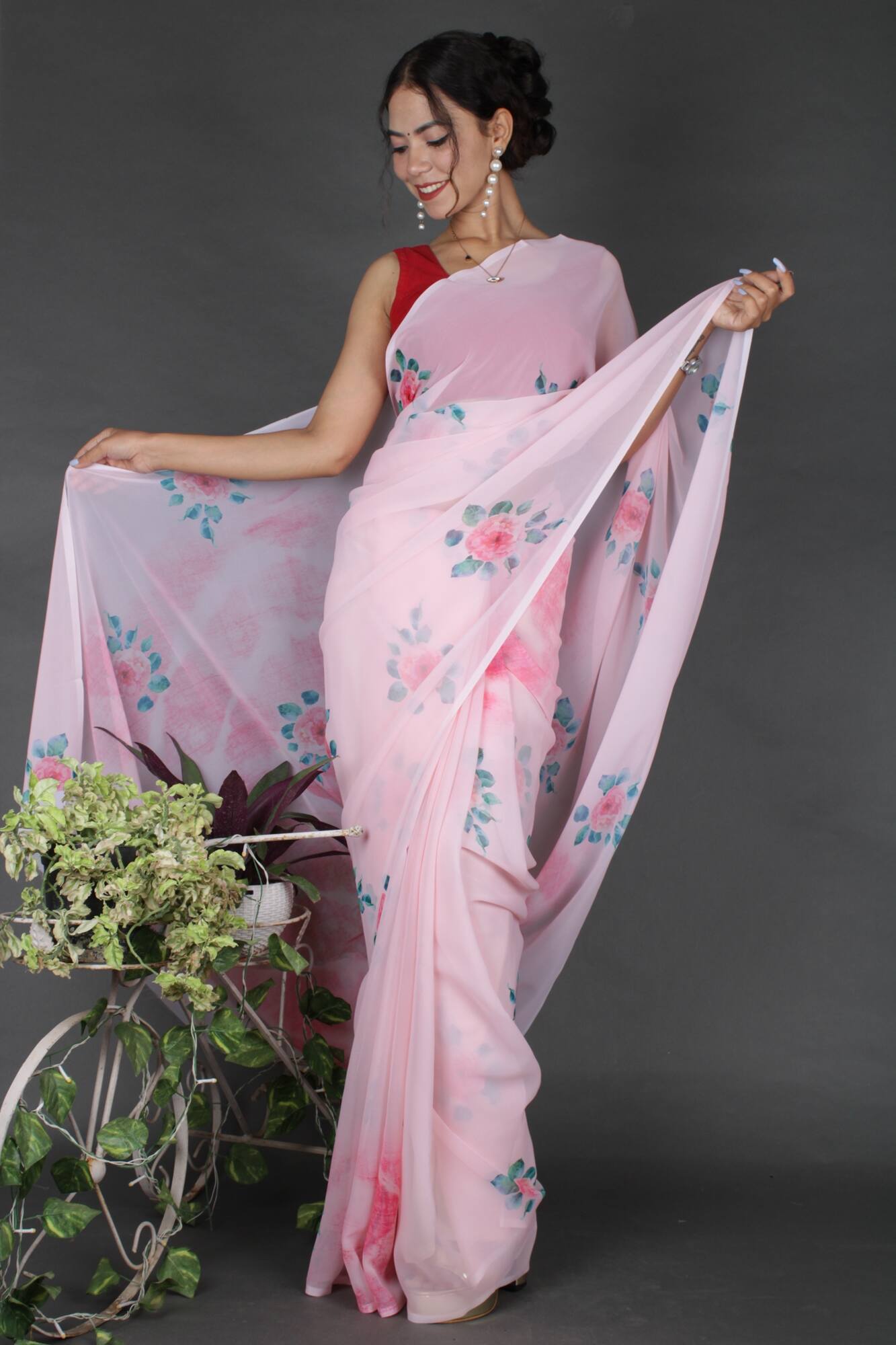Wrap in 1 Minute Pink Floral Georgette Ready made saree with ready blouse - Isadora Life Online Shopping Store
