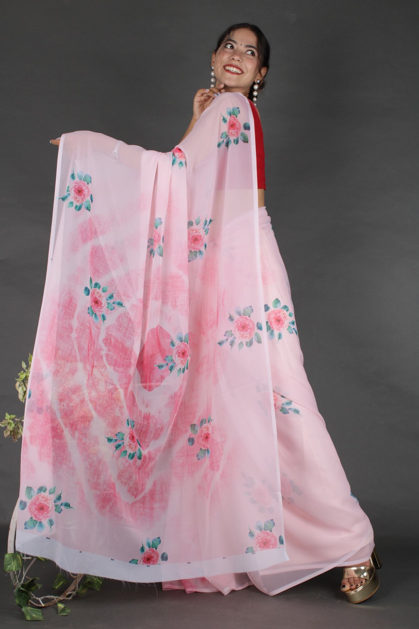 Wrap in 1 Minute Pink Floral Georgette Ready made saree with ready blouse - Isadora Life Online Shopping Store