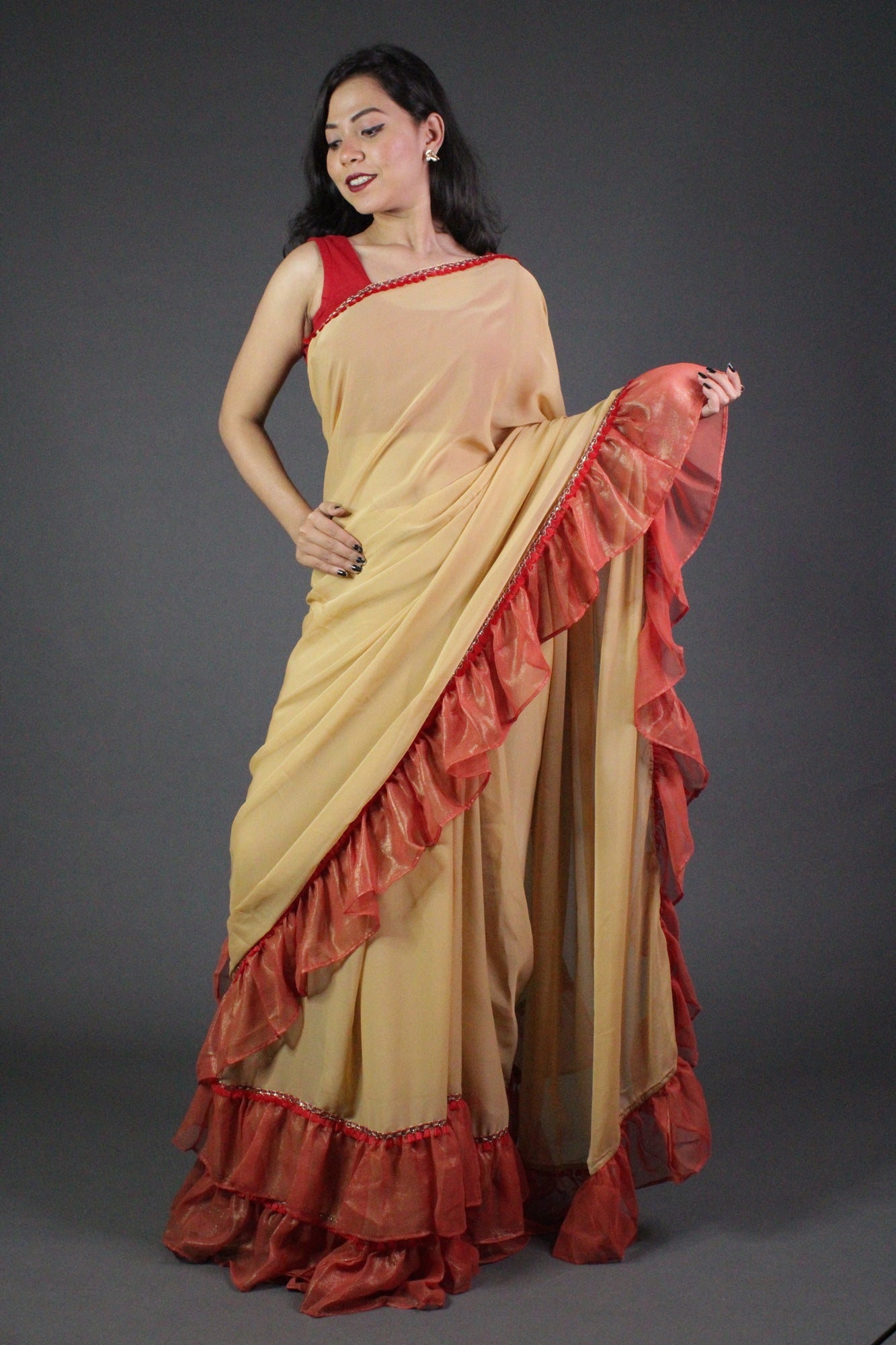 Creamy Georgette with Red Ruffled Border Wrap in 1 minute saree - Isadora Life Online Shopping Store