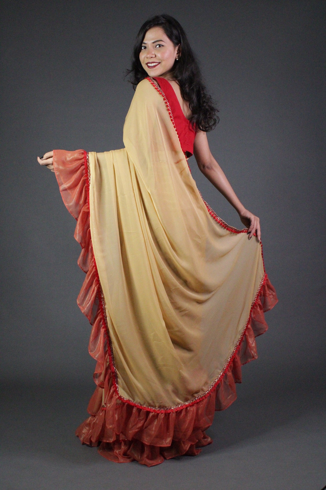 Creamy Georgette with Red Ruffled Border Wrap in 1 minute saree - Isadora Life Online Shopping Store