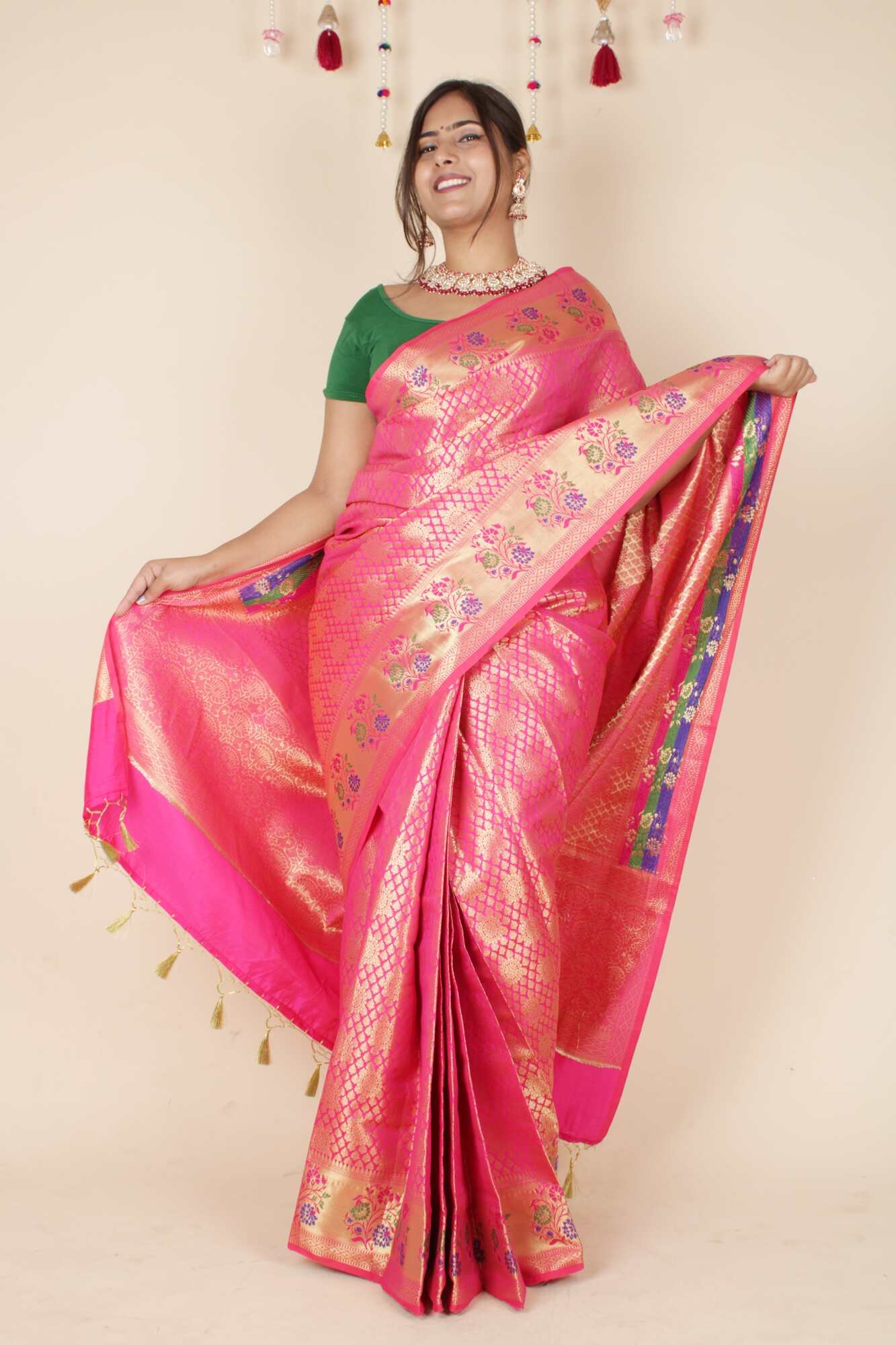 Banarasi with meena border and zari woven butis all over wrap in 1 minute saree - Isadora Life Online Shopping Store