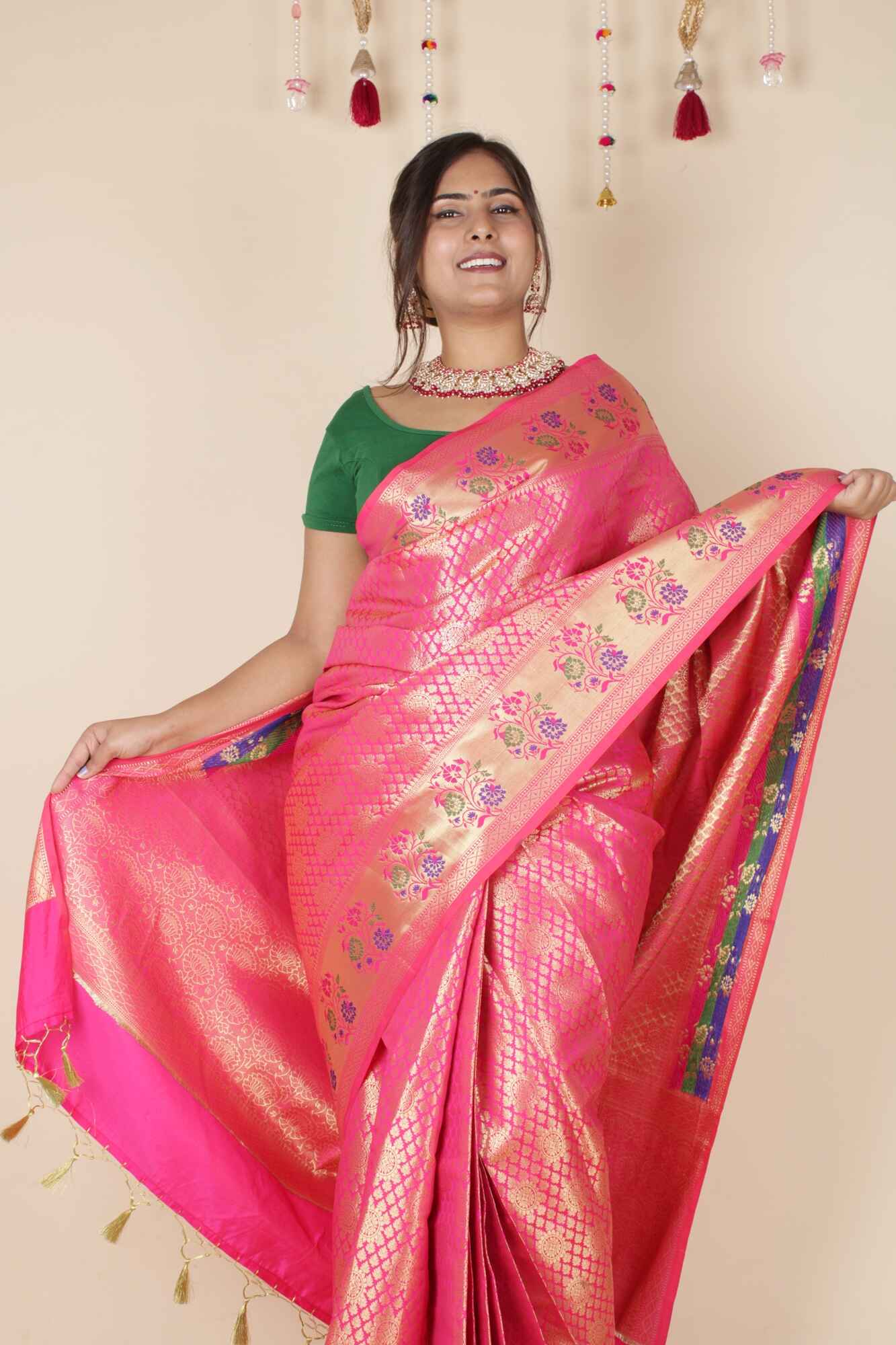 Banarasi with meena border and zari woven butis all over wrap in 1 minute saree - Isadora Life Online Shopping Store