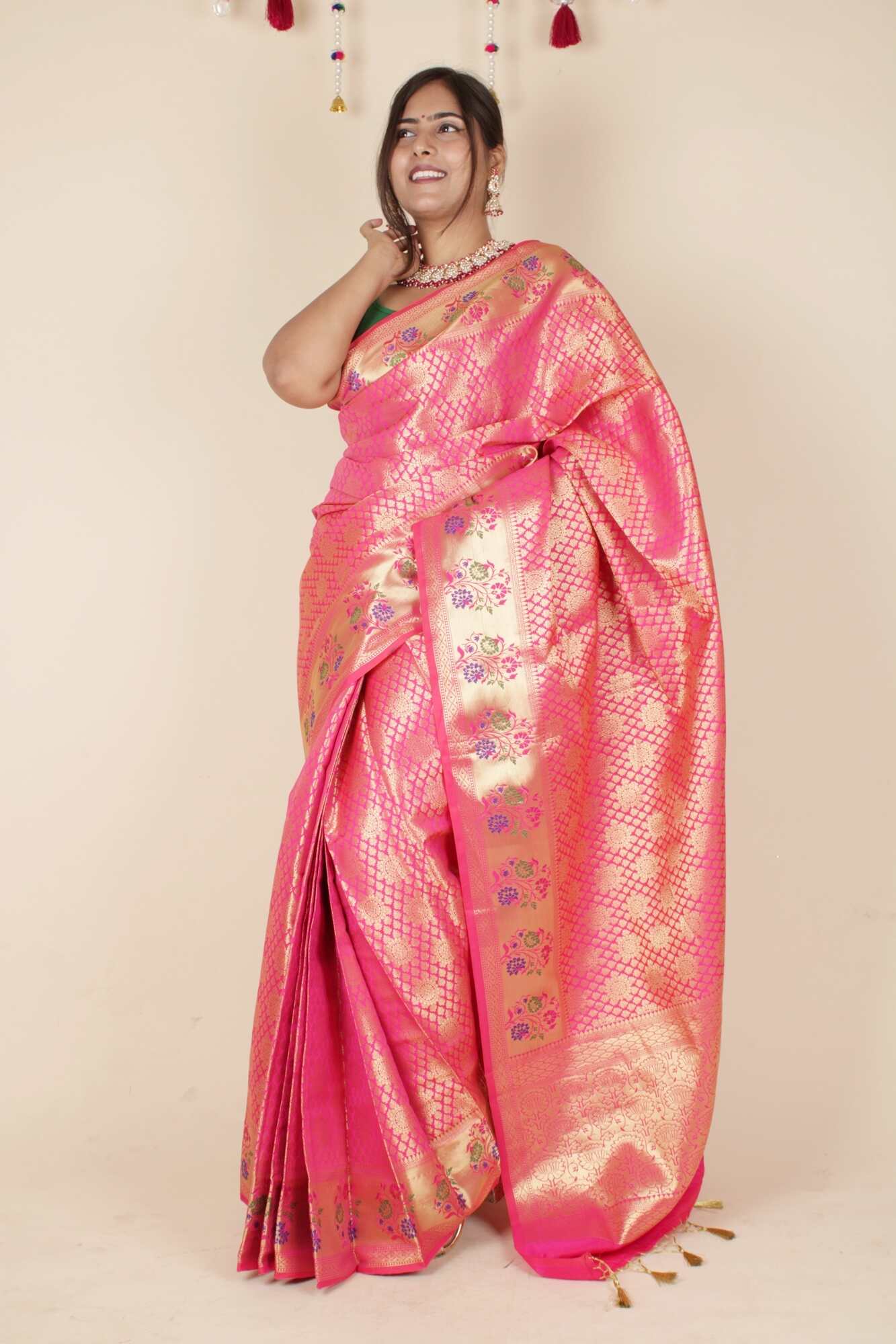 Banarasi with meena border and zari woven butis all over wrap in 1 minute saree - Isadora Life Online Shopping Store