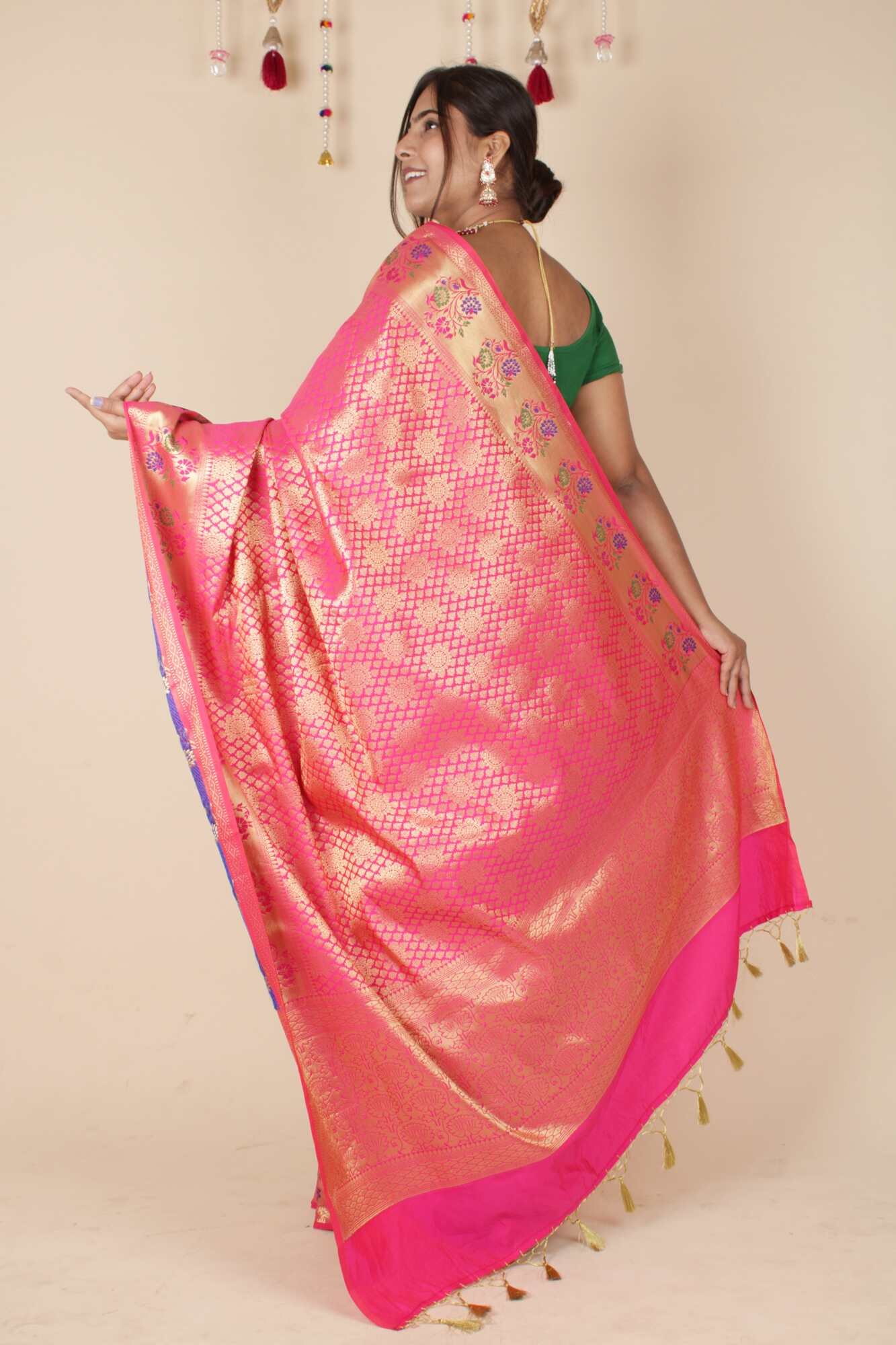 Banarasi with meena border and zari woven butis all over wrap in 1 minute saree - Isadora Life Online Shopping Store
