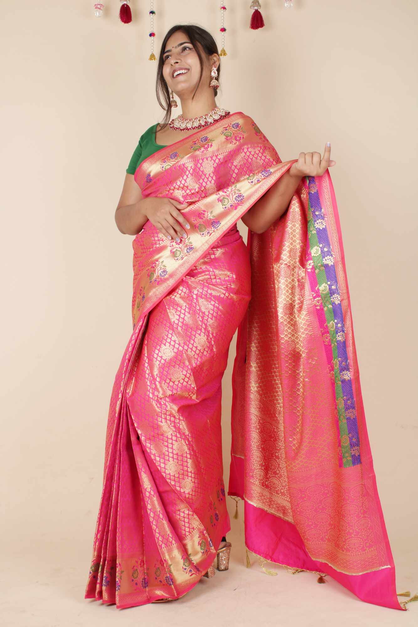 Banarasi with meena border and zari woven butis all over wrap in 1 minute saree - Isadora Life Online Shopping Store