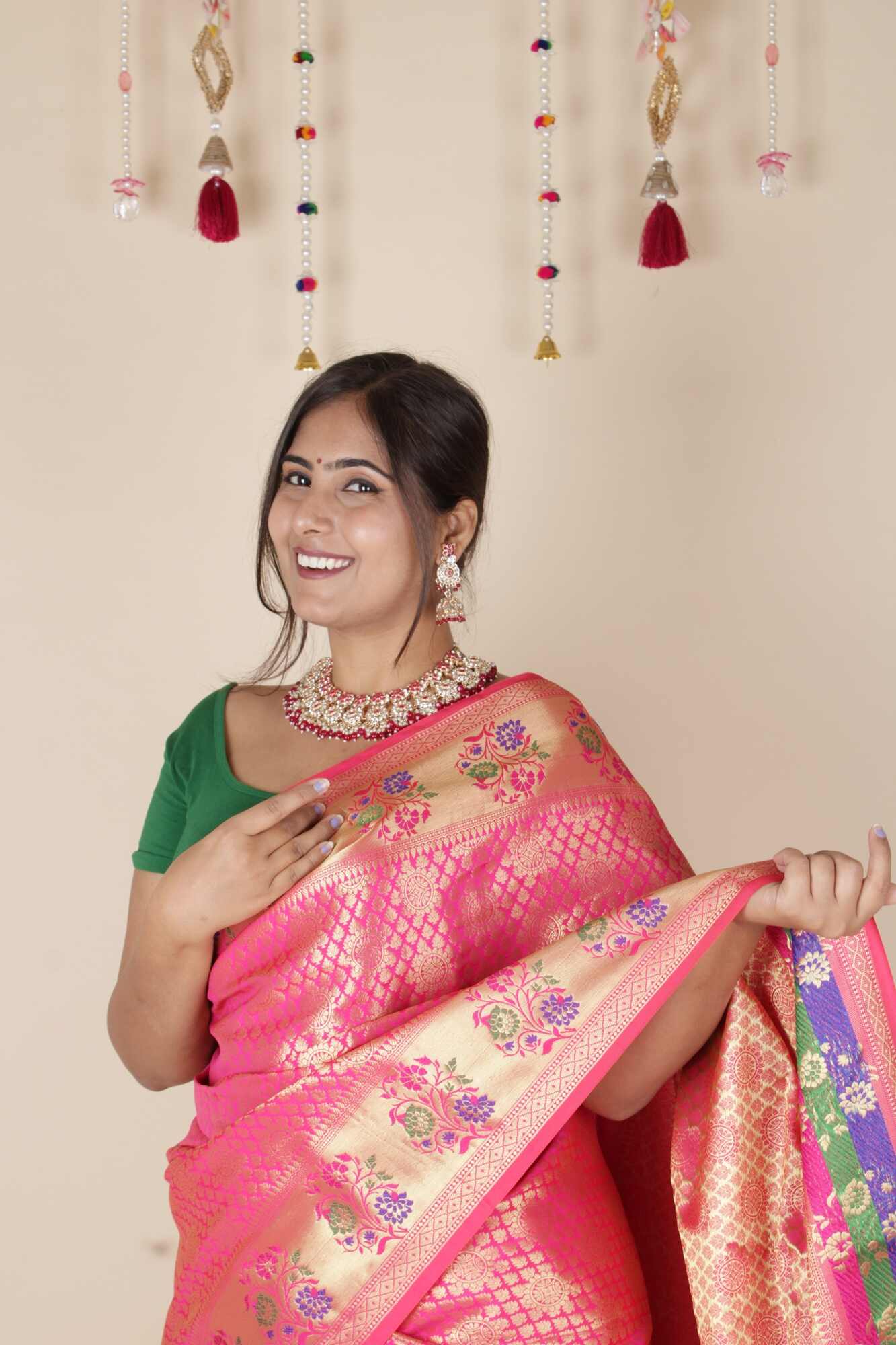 Banarasi with meena border and zari woven butis all over wrap in 1 minute saree - Isadora Life Online Shopping Store