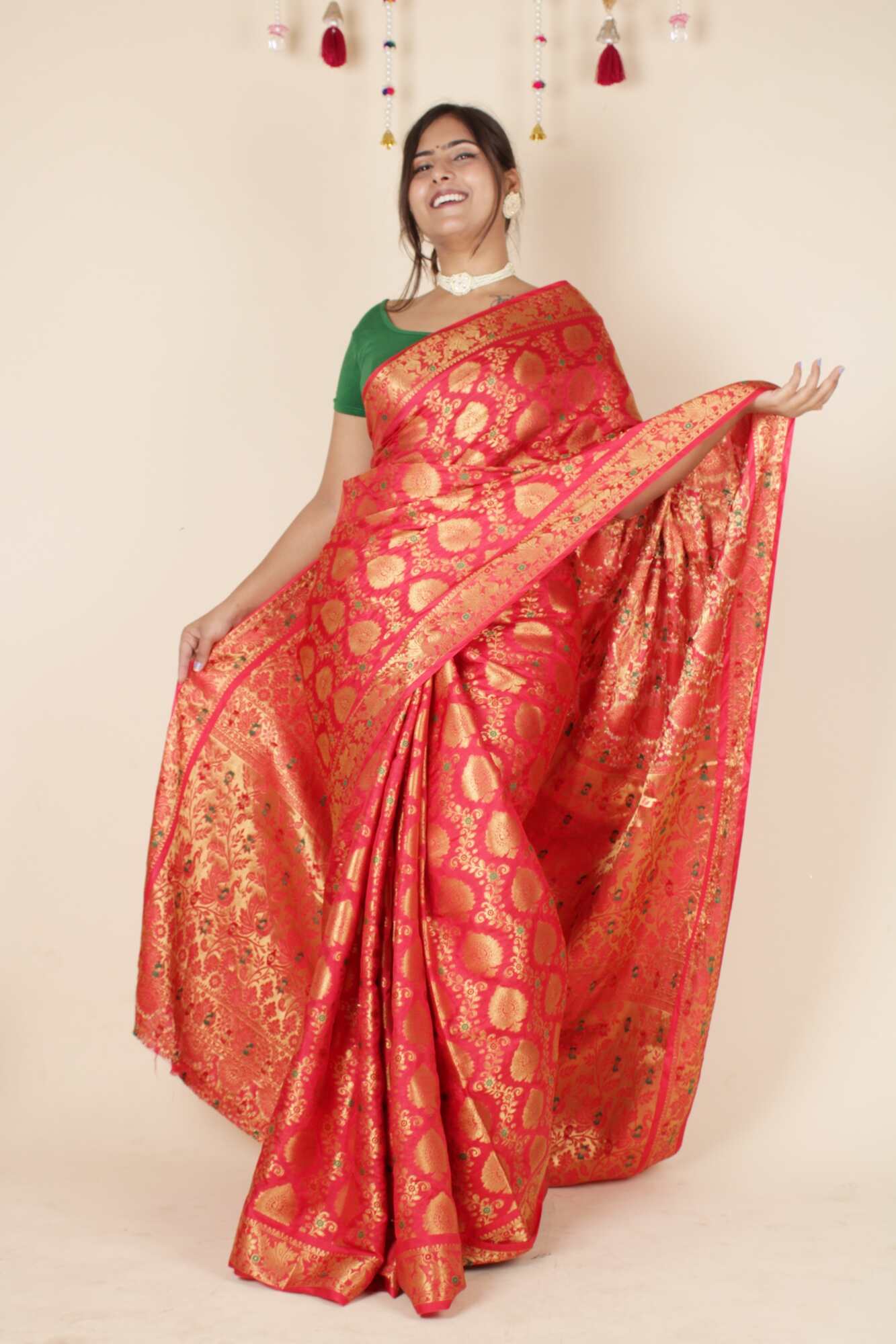 Kanjivaram Zari Interweaving Coral Red Art Silk Wrap in 1 minute Saree with Readymade Blouse - Isadora Life Online Shopping Store