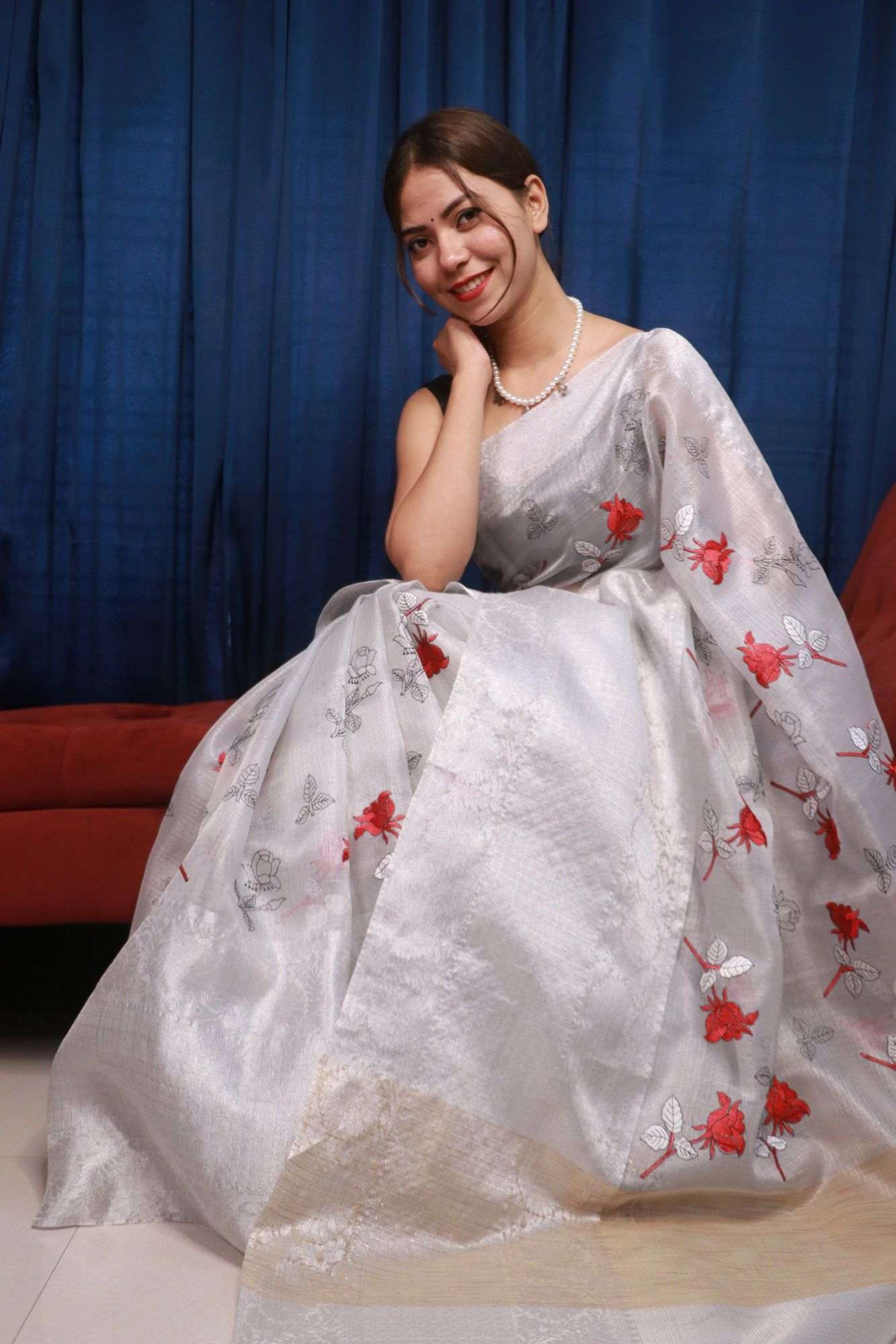 Silver Tissue Zari Woven With Red Floral buta embroided work all over Wrap in 1 minute saree - Isadora Life Online Shopping Store