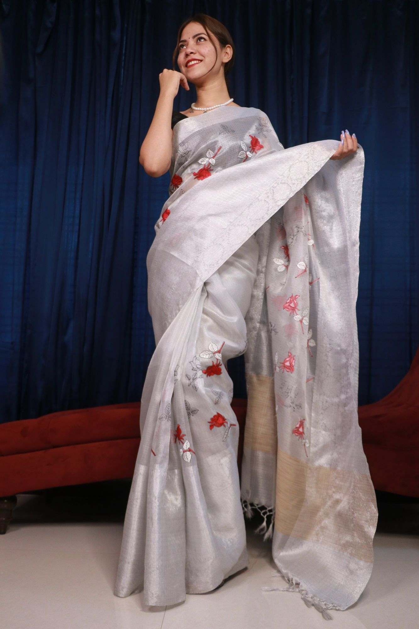 Silver Tissue Zari Woven With Red Floral buta embroided work all over Wrap in 1 minute saree - Isadora Life Online Shopping Store