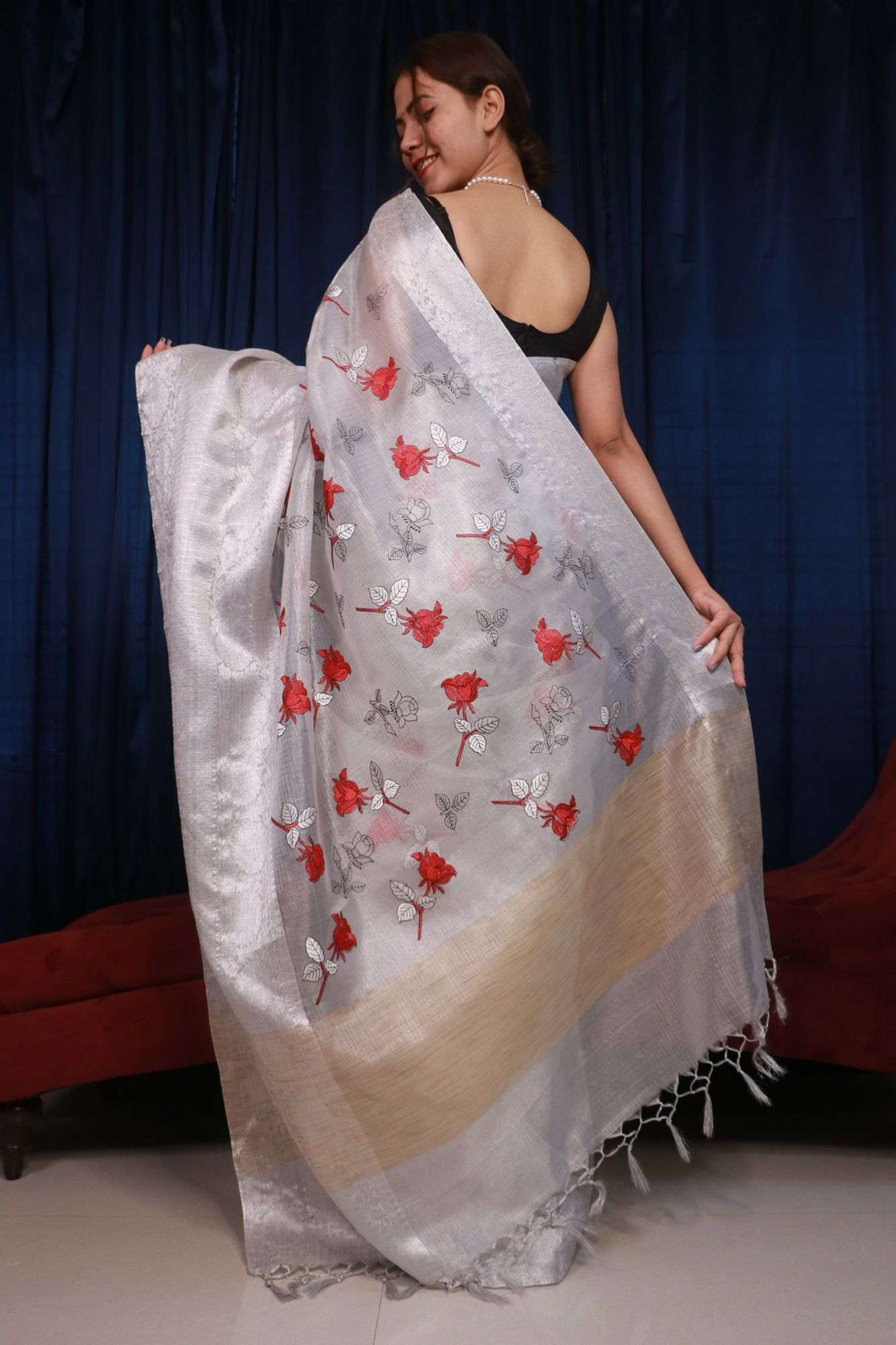 Silver Tissue Zari Woven With Red Floral buta embroided work all over Wrap in 1 minute saree - Isadora Life Online Shopping Store