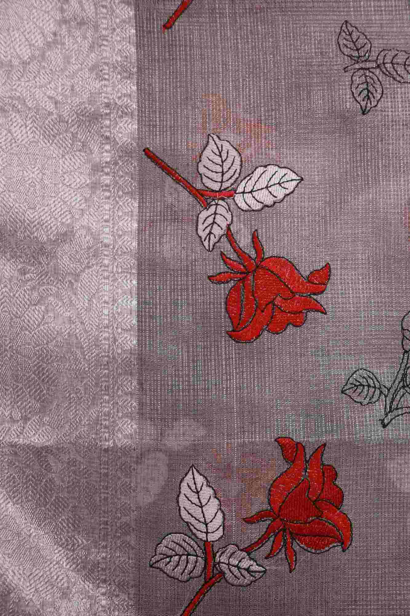 Silver Tissue Zari Woven With Red Floral buta embroided work all over Wrap in 1 minute saree - Isadora Life Online Shopping Store