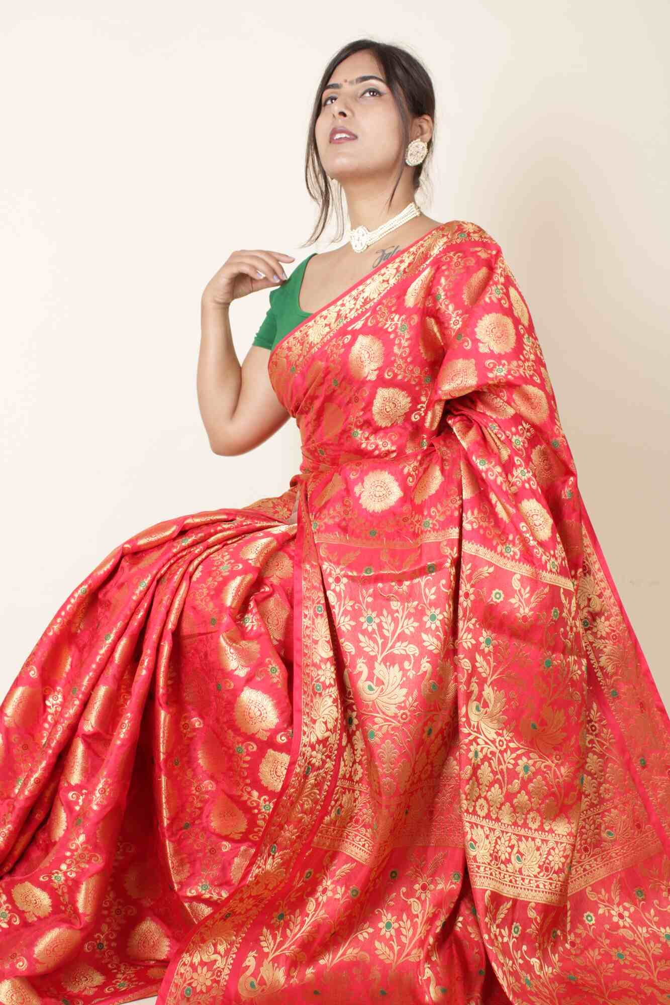 Kanjivaram Zari Interweaving Coral Red Art Silk Wrap in 1 minute Saree with Readymade Blouse - Isadora Life Online Shopping Store