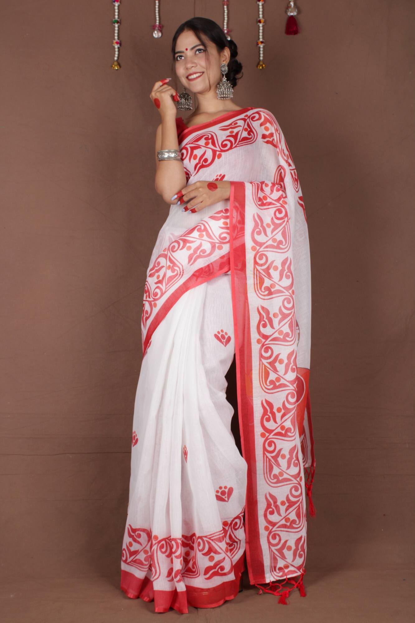 Wrap in 1 Minute Bengal Tant Red & White Handpainted Cotton Ready to Wear Saree With Ready Made Blouse - Isadora Life Online Shopping Store