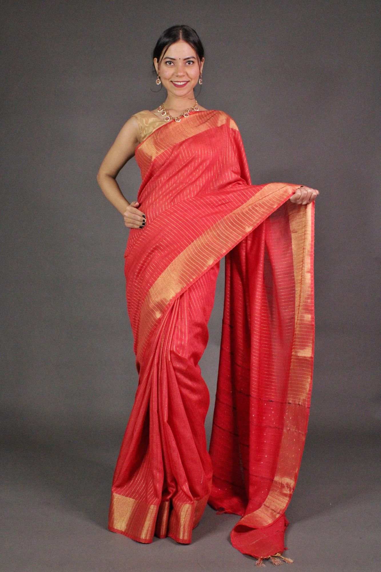 Red Premium Soft Bhagalpuri Cotton Silk with woven zari & sequin work all over Wrap in 1 minute saree - Isadora Life Online Shopping Store