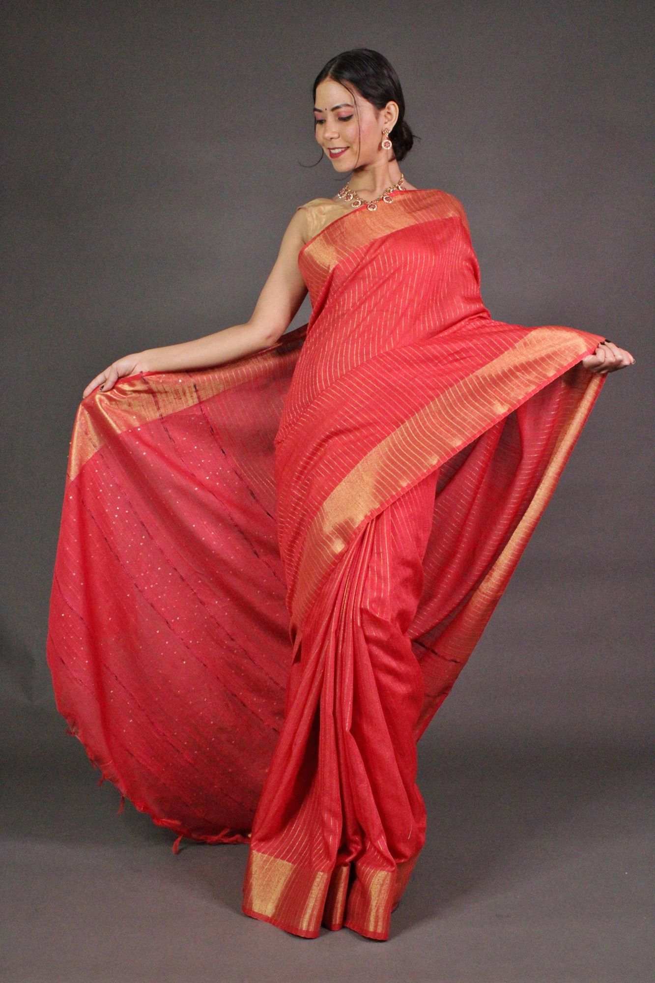 Red Premium Soft Bhagalpuri Cotton Silk with woven zari & sequin work all over Wrap in 1 minute saree - Isadora Life Online Shopping Store