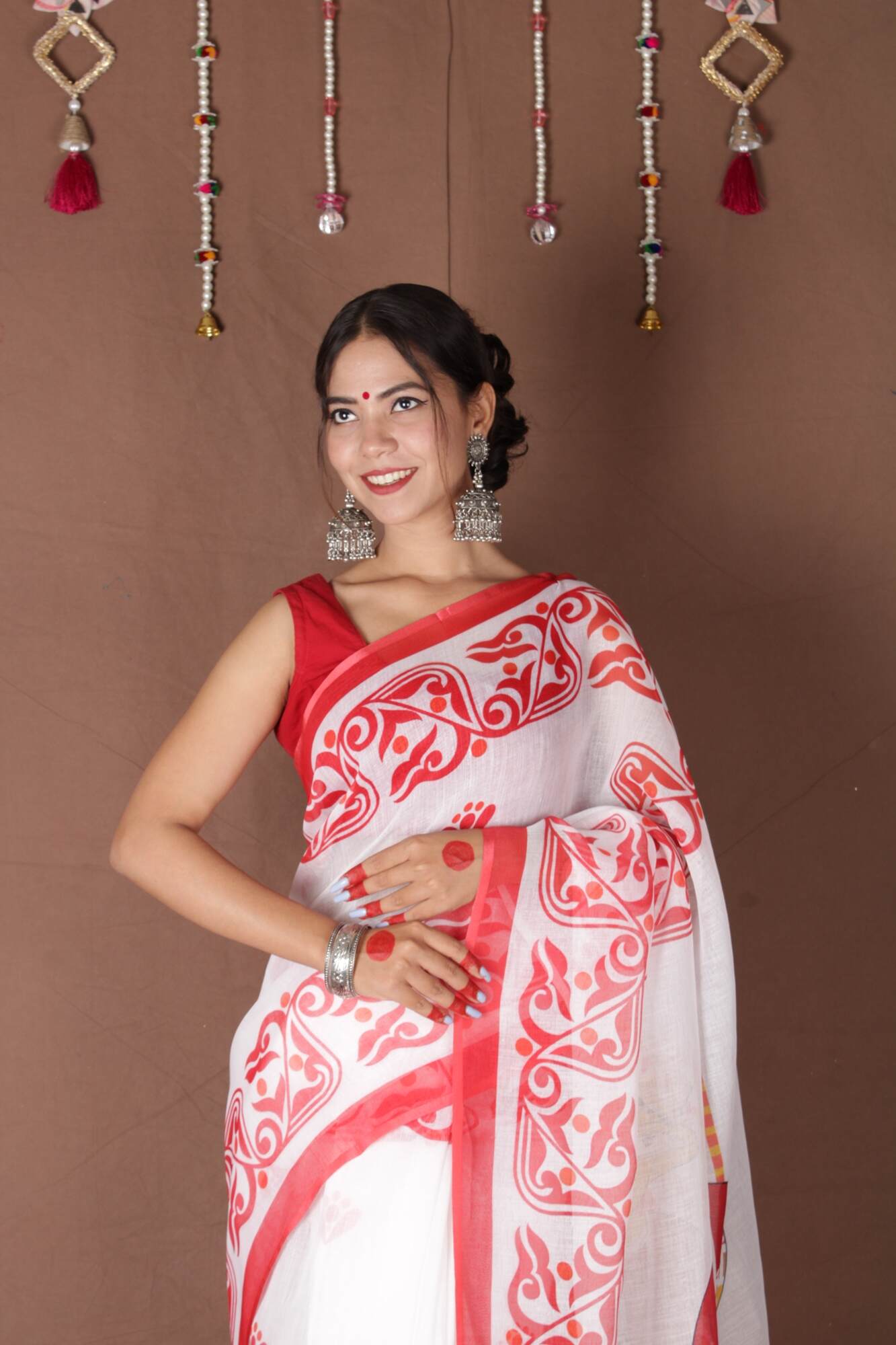 Wrap in 1 Minute Bengal Tant Red & White Handpainted Cotton Ready to Wear Saree With Ready Made Blouse - Isadora Life Online Shopping Store
