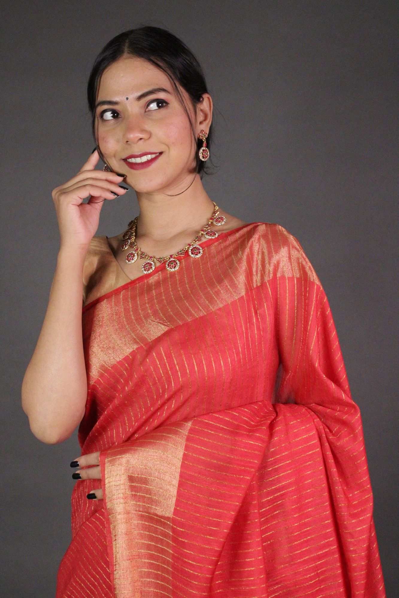 Red Premium Soft Bhagalpuri Cotton Silk with woven zari & sequin work all over Wrap in 1 minute saree - Isadora Life Online Shopping Store