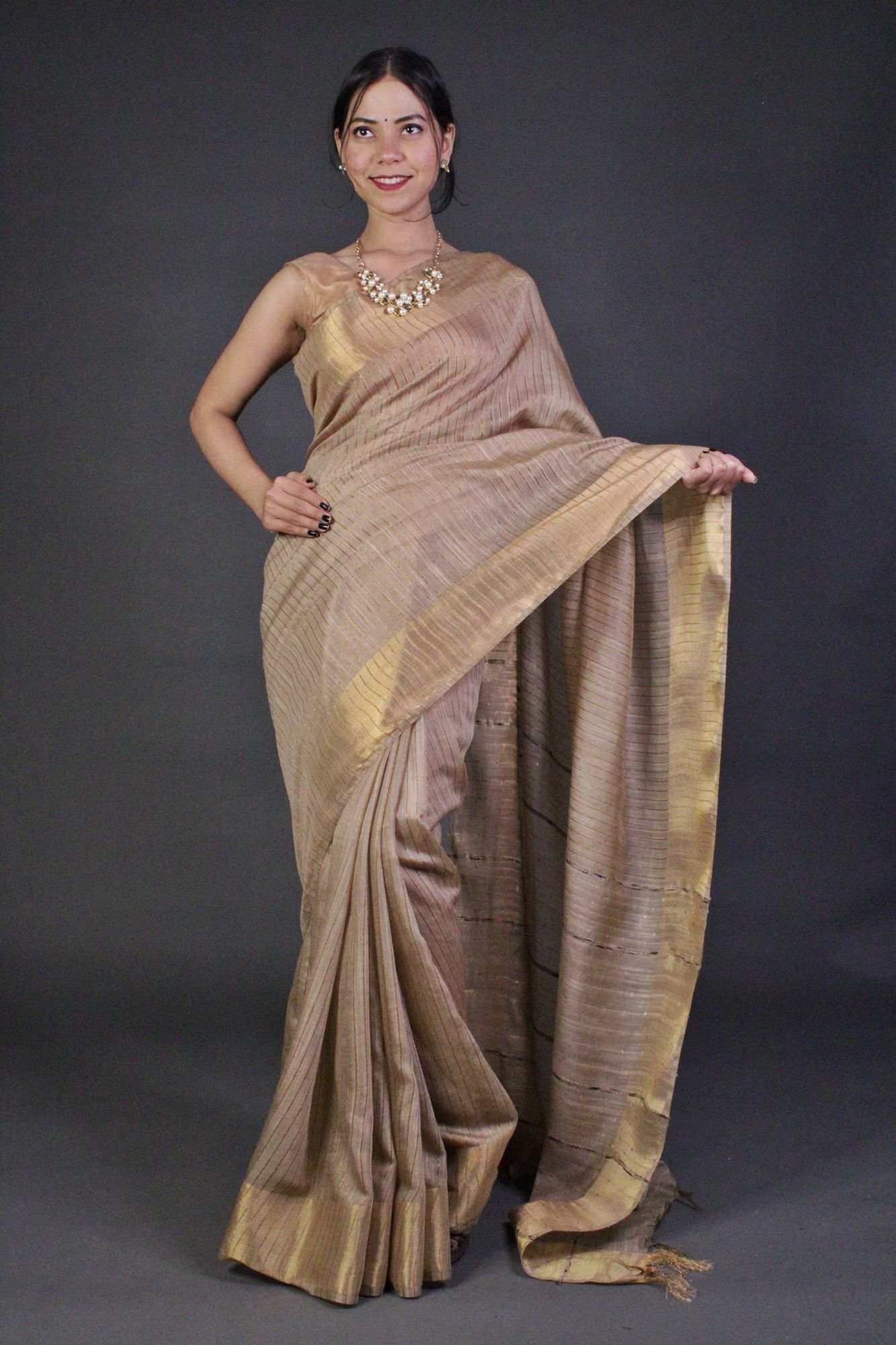 Beige Classy and Sedate Premium Bhagalpuri Cotton Silk with woven zari and sequin work all over Wrap in 1 minute saree - Isadora Life Online Shopping Store