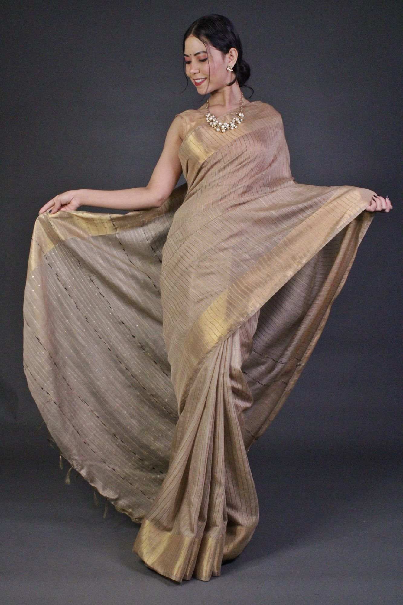 Beige Classy and Sedate Premium Bhagalpuri Cotton Silk with woven zari and sequin work all over Wrap in 1 minute saree - Isadora Life Online Shopping Store