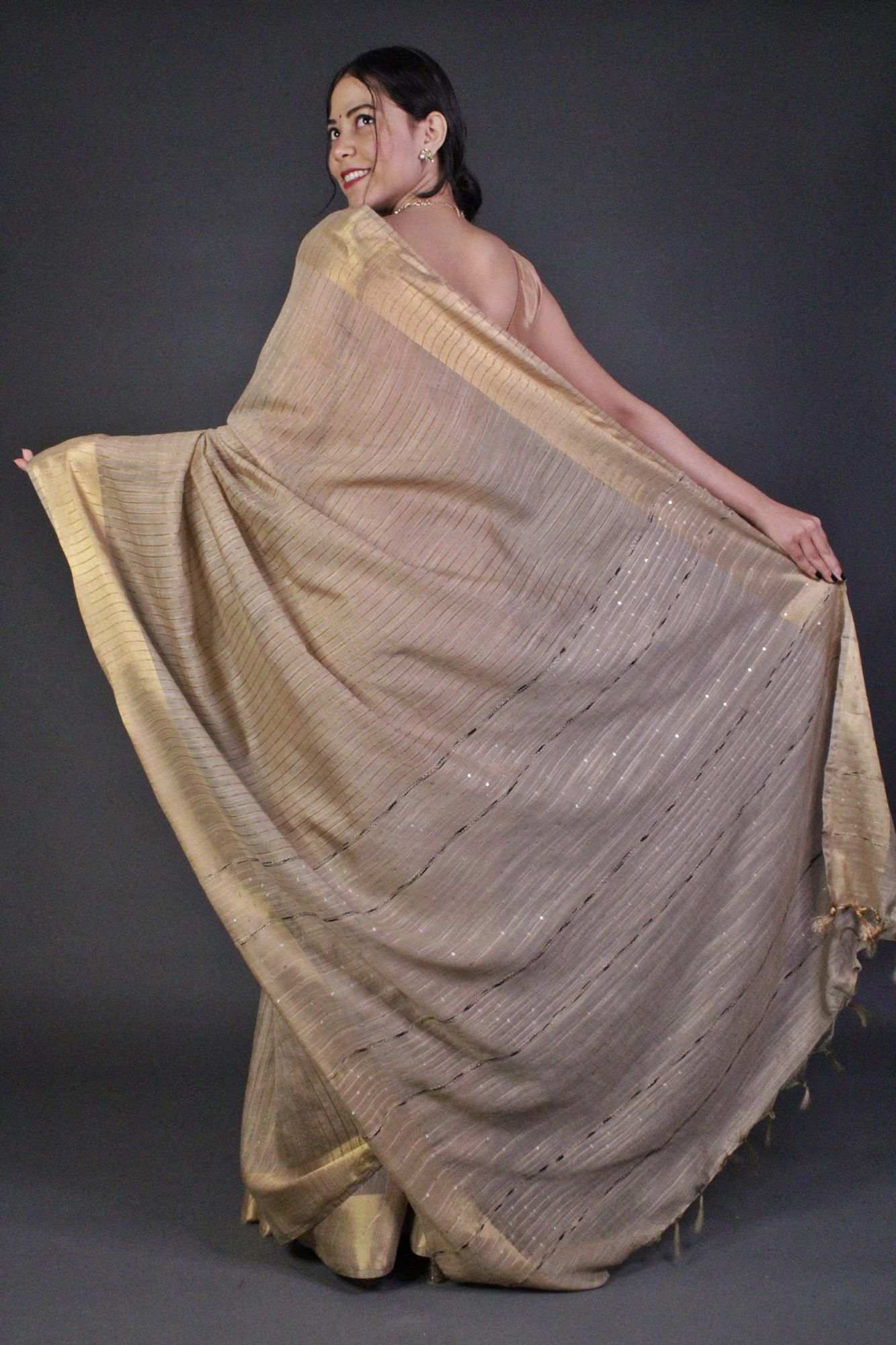 Beige Classy and Sedate Premium Bhagalpuri Cotton Silk with woven zari and sequin work all over Wrap in 1 minute saree - Isadora Life Online Shopping Store
