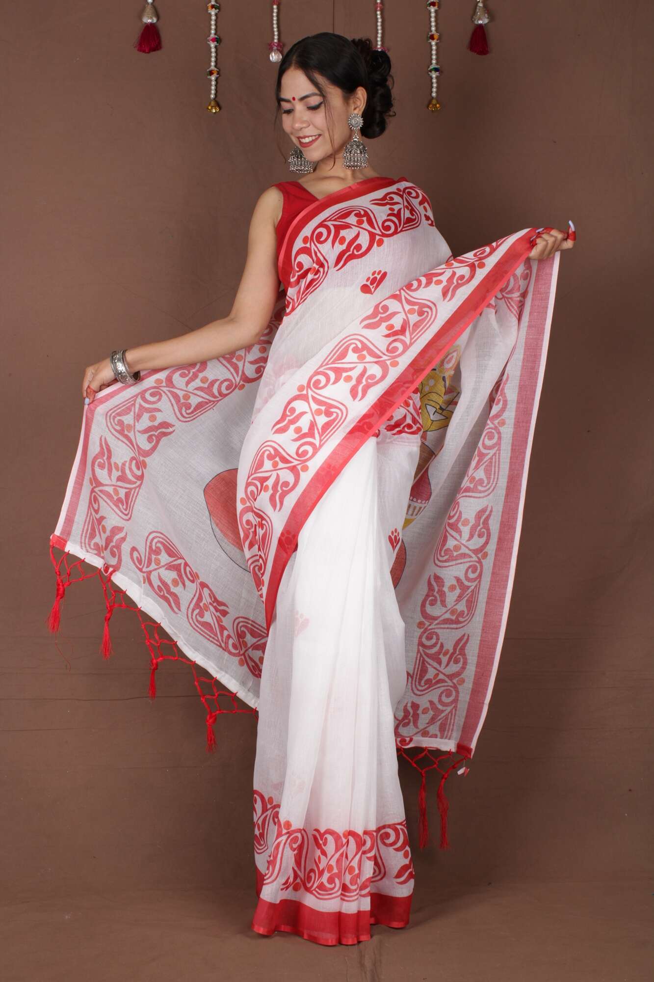 Wrap in 1 Minute Bengal Tant Red & White Handpainted Cotton Ready to Wear Saree With Ready Made Blouse - Isadora Life Online Shopping Store