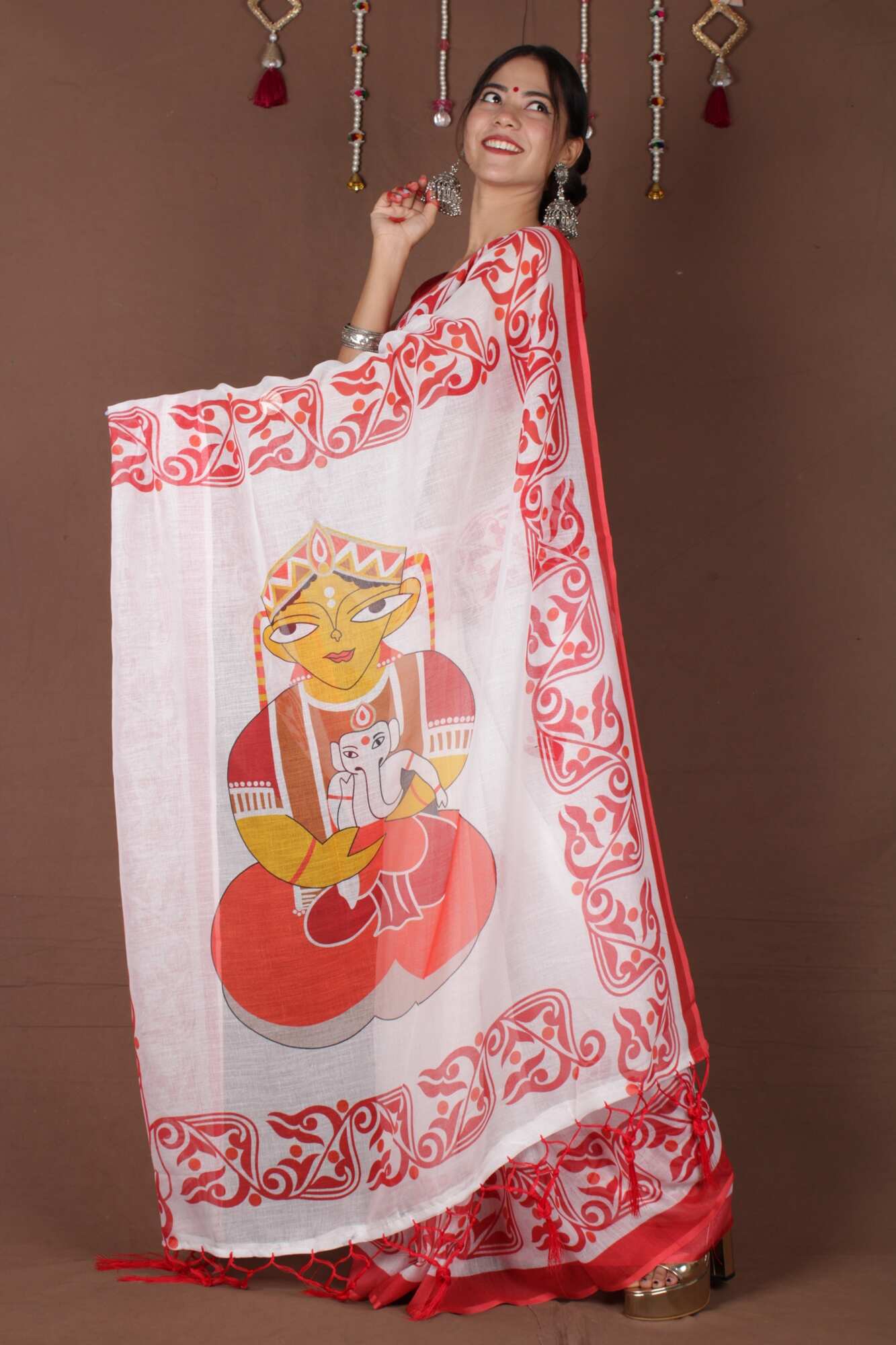 Wrap in 1 Minute Bengal Tant Red & White Handpainted Cotton Ready to Wear Saree With Ready Made Blouse - Isadora Life Online Shopping Store