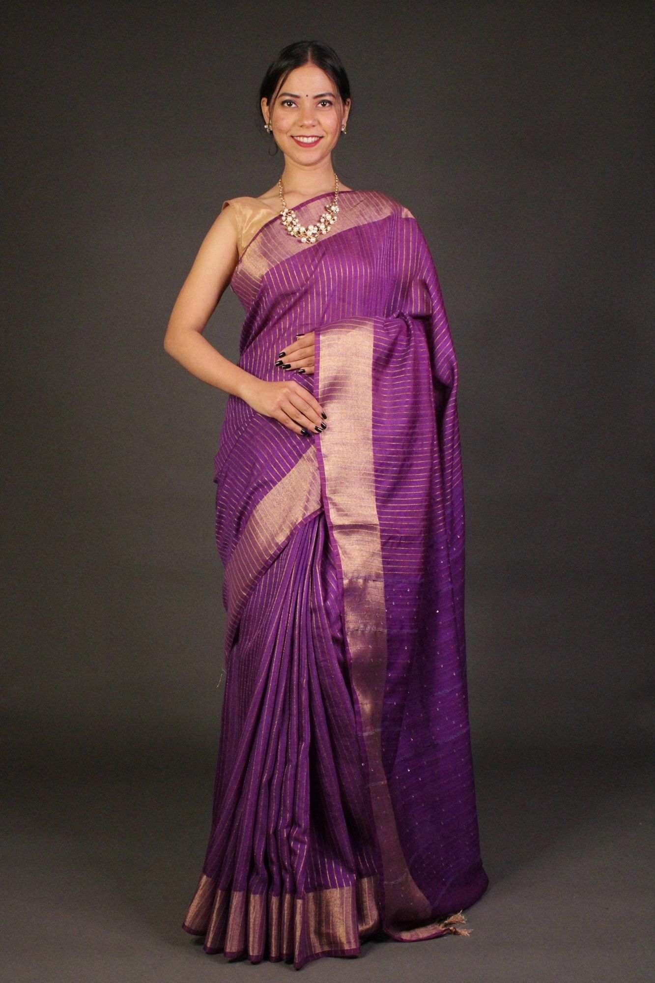 Purple Premium Bhagalpuri Cotton Silk with woven zari and sequin work all over Wrap in 1 minute saree - Isadora Life Online Shopping Store