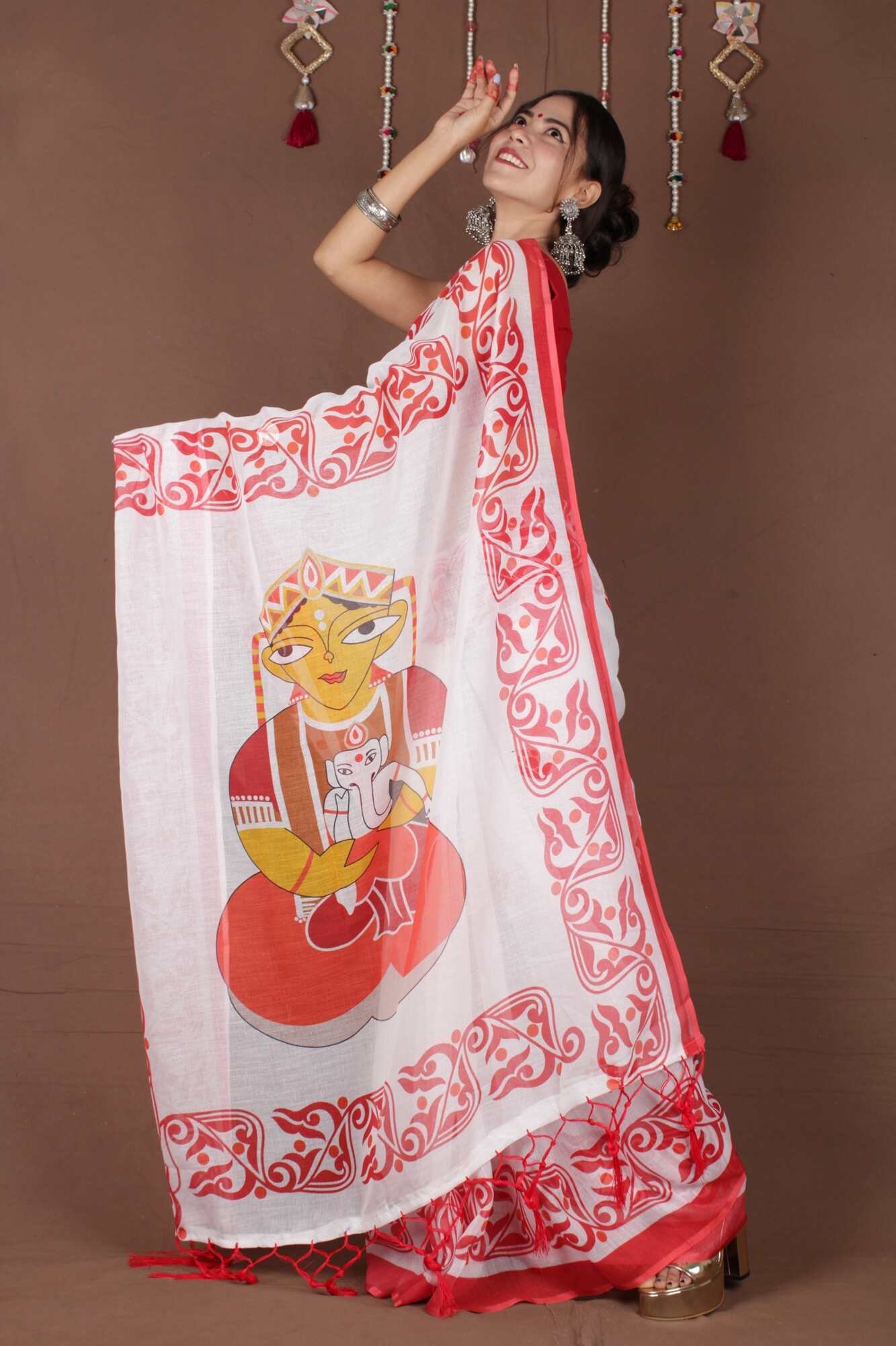 Wrap in 1 Minute Bengal Tant Red & White Handpainted Cotton Ready to Wear Saree With Ready Made Blouse - Isadora Life Online Shopping Store