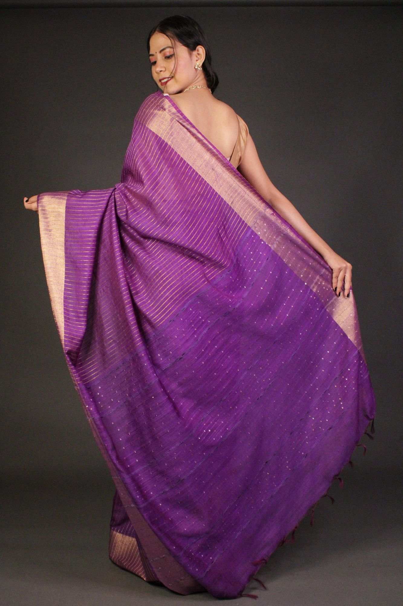 Purple Premium Bhagalpuri Cotton Silk with woven zari and sequin work all over Wrap in 1 minute saree - Isadora Life Online Shopping Store