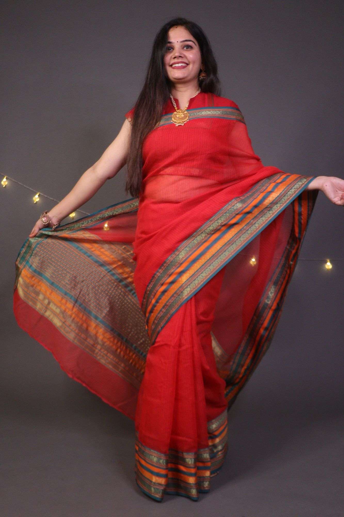 Beautiful red kota doria cotton with manipuri border wrap in 1 minute saree - Isadora Life Online Shopping Store