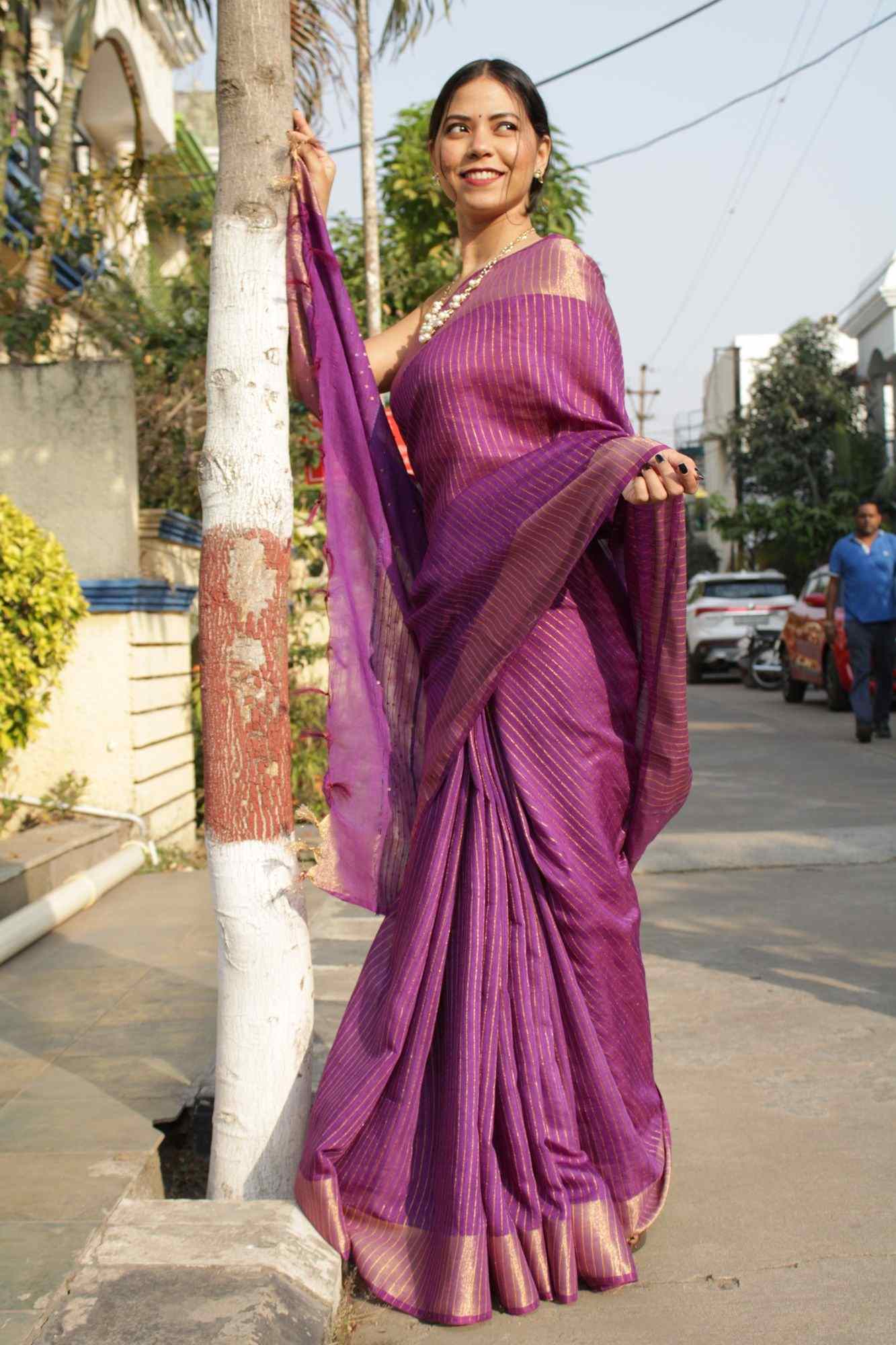 Purple Premium Bhagalpuri Cotton Silk with woven zari and sequin work all over Wrap in 1 minute saree - Isadora Life Online Shopping Store