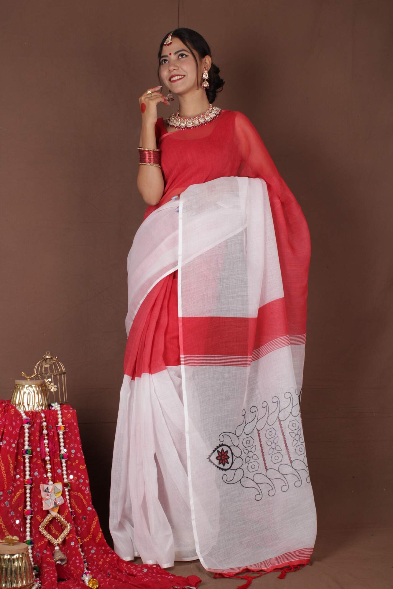 One Minute Bengal Tant Red & White Ready to Wear Saree With Ready Made Blouse - Isadora Life Online Shopping Store