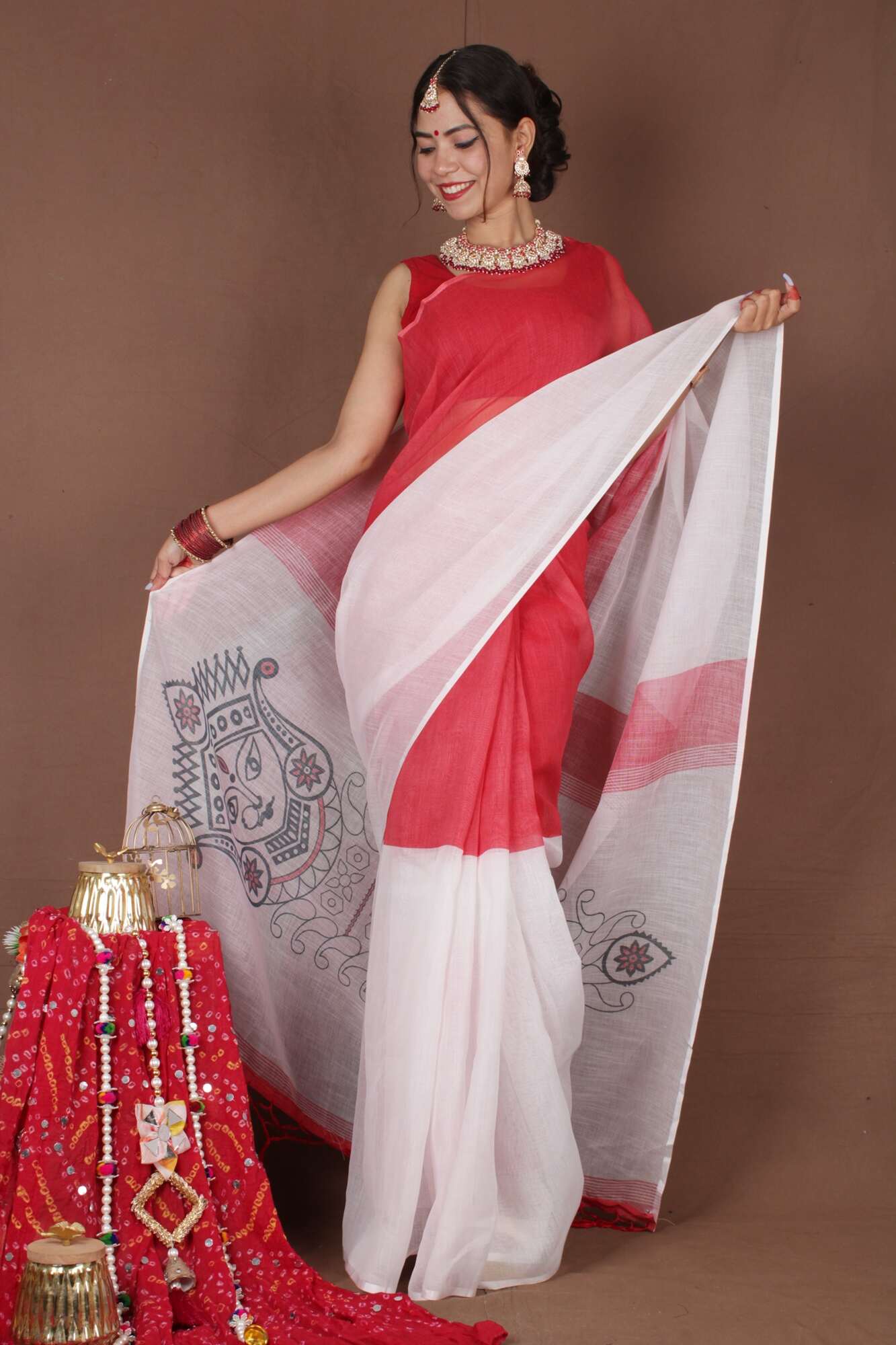 One Minute Bengal Tant Red & White Ready to Wear Saree With Ready Made Blouse - Isadora Life Online Shopping Store