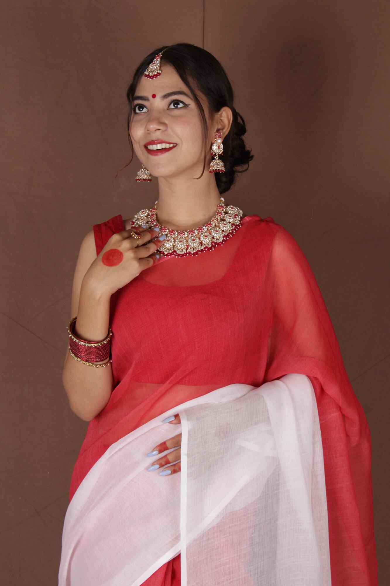 One Minute Bengal Tant Red & White Ready to Wear Saree With Ready Made Blouse - Isadora Life Online Shopping Store