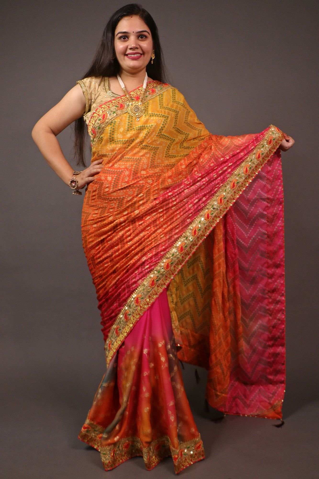 Beautiful gota patti bandhani wrap in 1 minute saree with tassels in pallu - Isadora Life Online Shopping Store