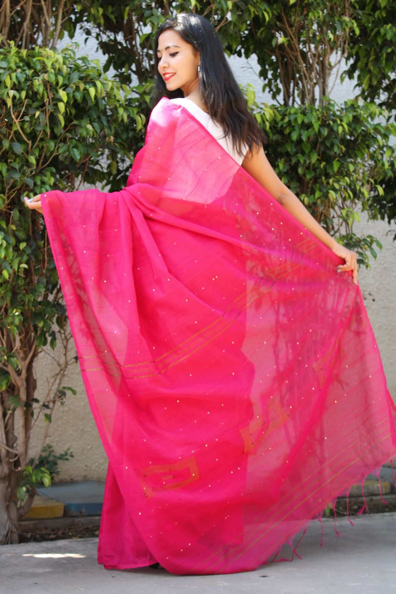 Rani color cotton silk handloom with sequin all over wrap in 1 minute saree - Isadora Life Online Shopping Store