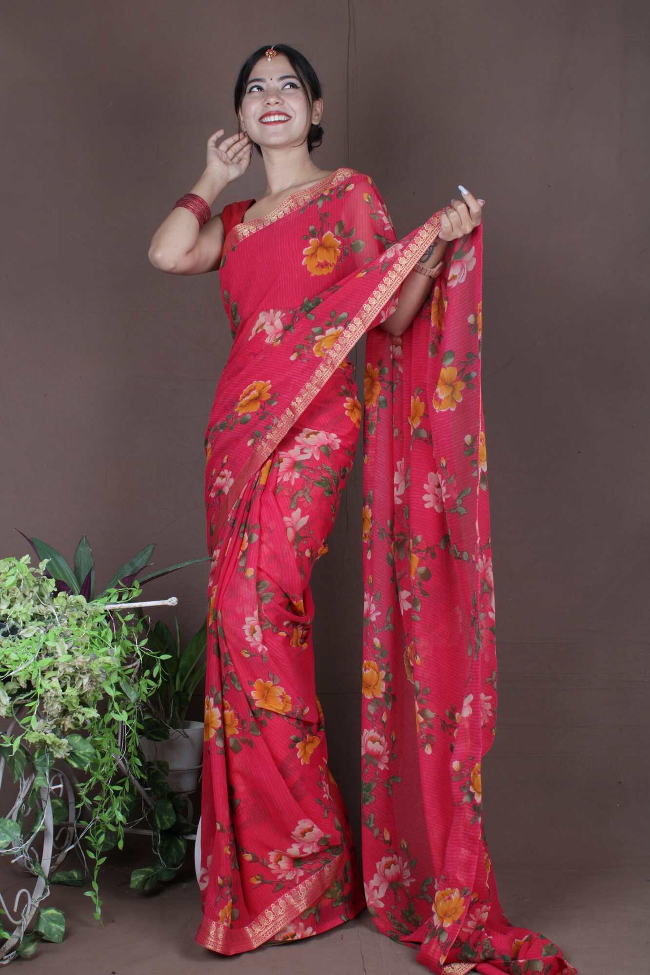 Wrap in 1 Minute Red Georgette Flower Printed with Lace Border Ready to Wear Saree With Ready Made Blouse - Isadora Life Online Shopping Store