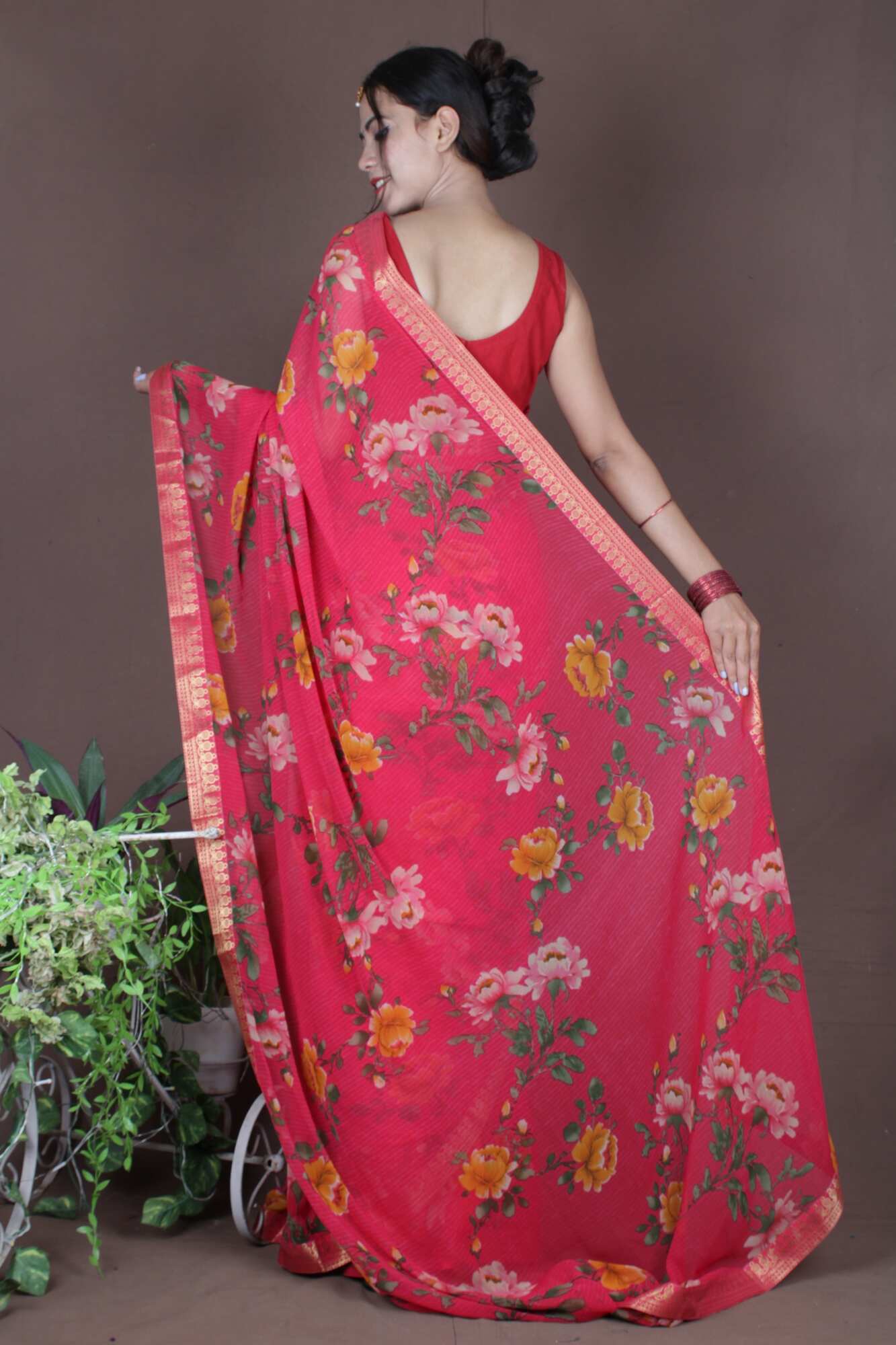 Wrap in 1 Minute Red Georgette Flower Printed with Lace Border Ready to Wear Saree With Ready Made Blouse - Isadora Life Online Shopping Store