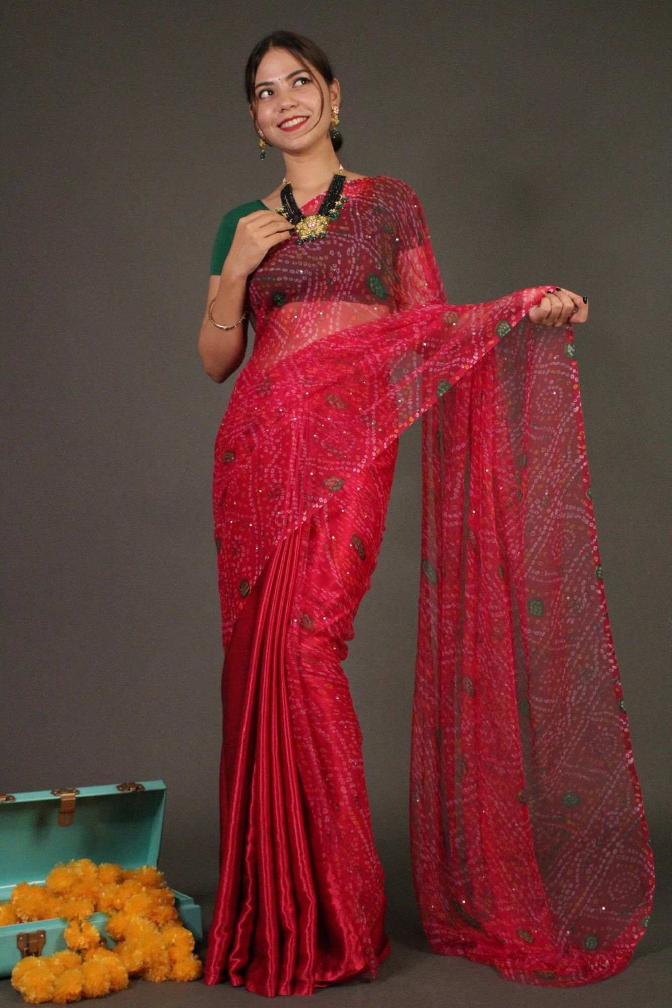 Pink Bandhani Chiffon with Sequins all over Half and half Wrap in 1 minute saree - Isadora Life Online Shopping Store