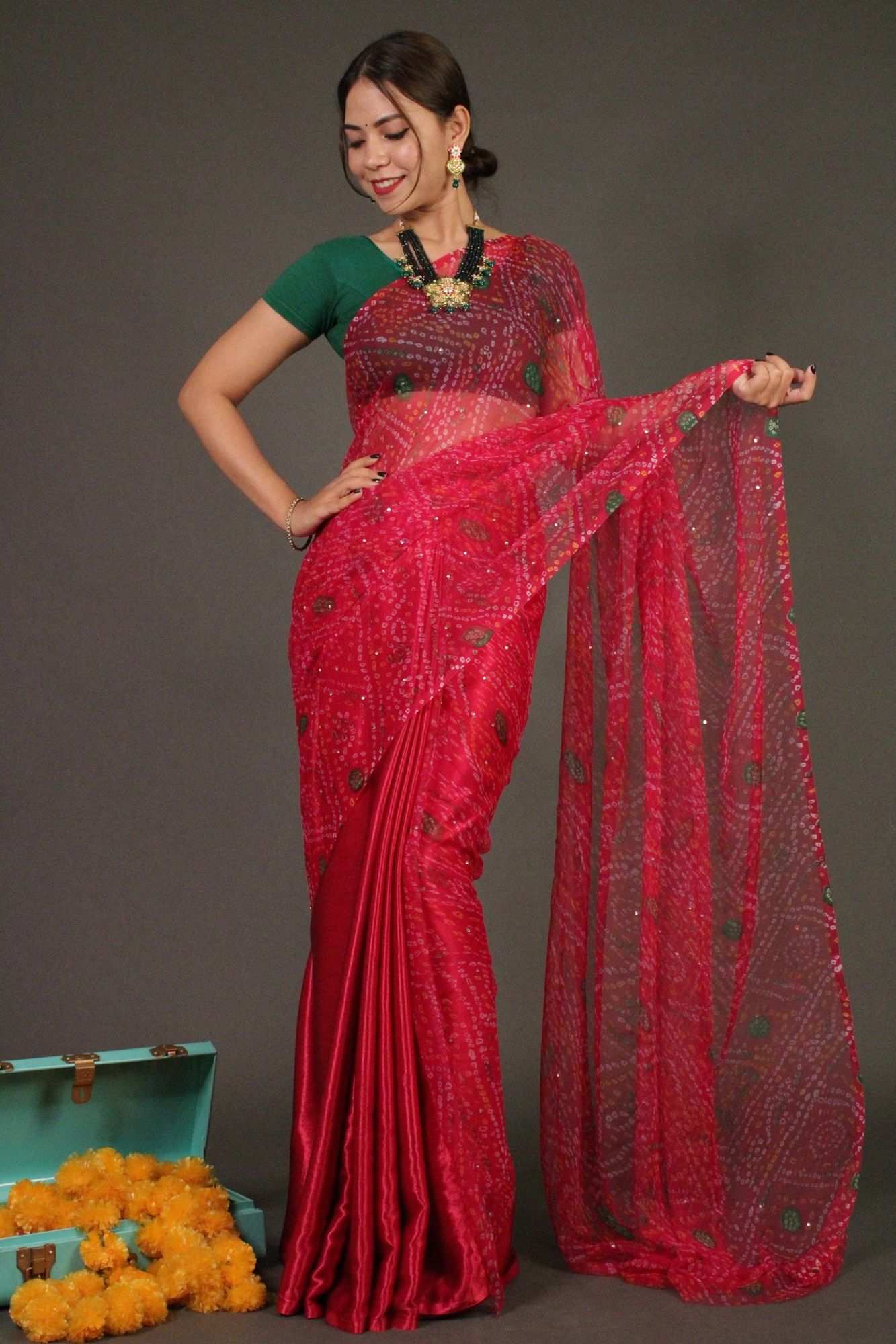 Pink Bandhani Chiffon with Sequins all over Half and half Wrap in 1 minute saree - Isadora Life Online Shopping Store