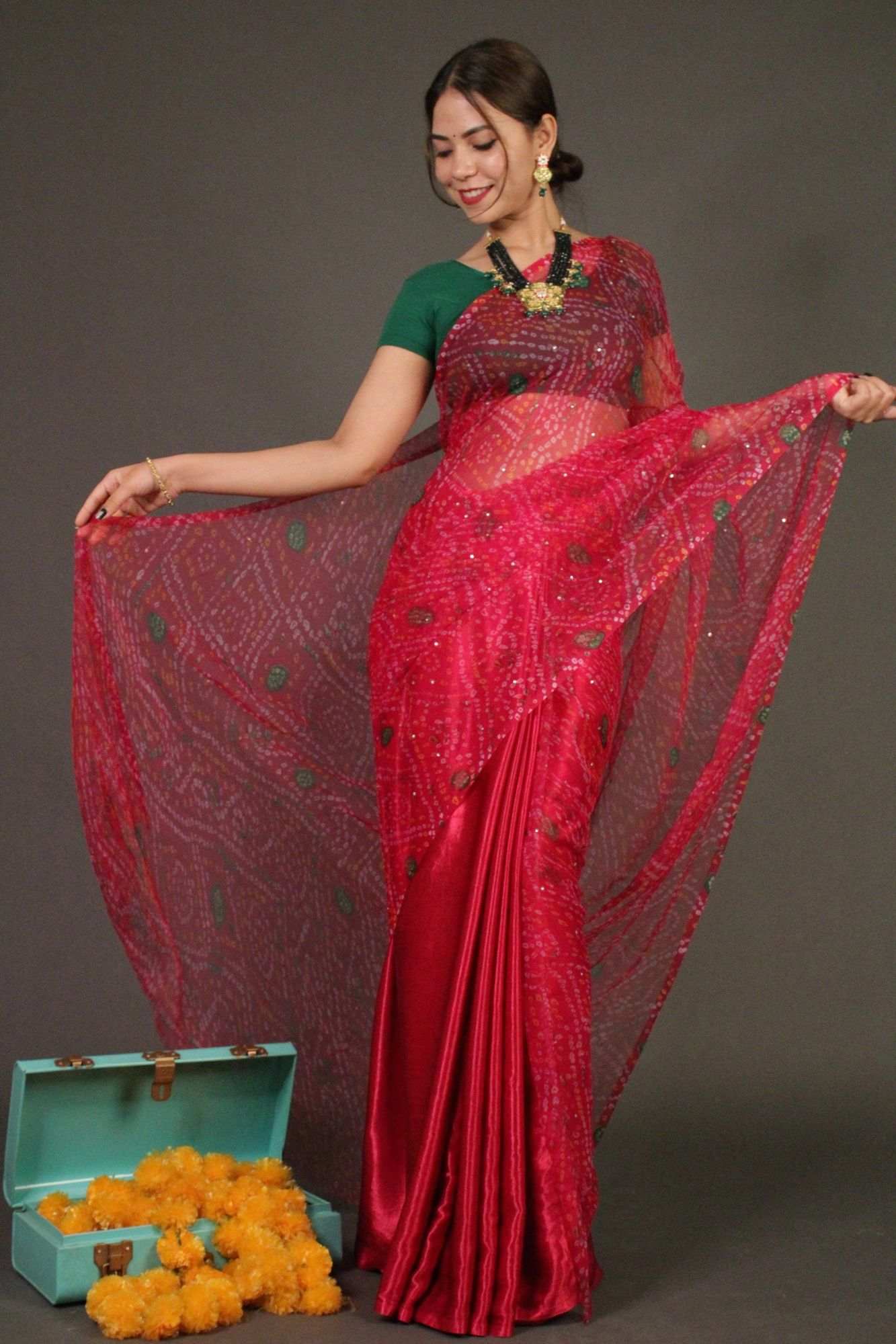 Pink Bandhani Chiffon with Sequins all over Half and half Wrap in 1 minute saree - Isadora Life Online Shopping Store