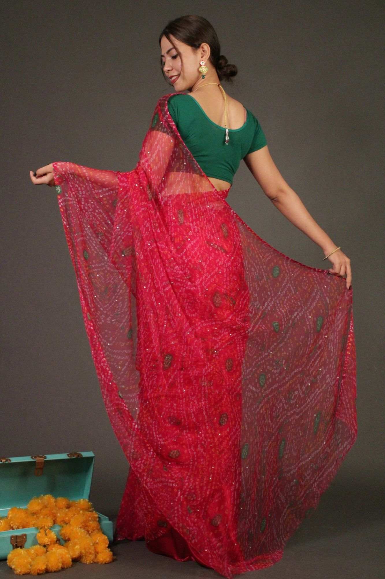 Pink Bandhani Chiffon with Sequins all over Half and half Wrap in 1 minute saree - Isadora Life Online Shopping Store