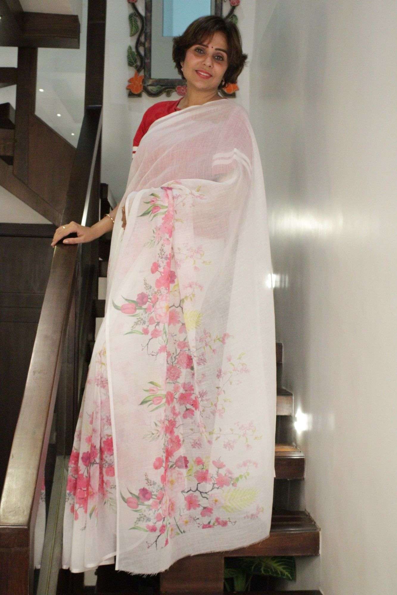 Beautiful light and breezy summery floral cotton linen printed wrap in 1 minute saree - Isadora Life Online Shopping Store