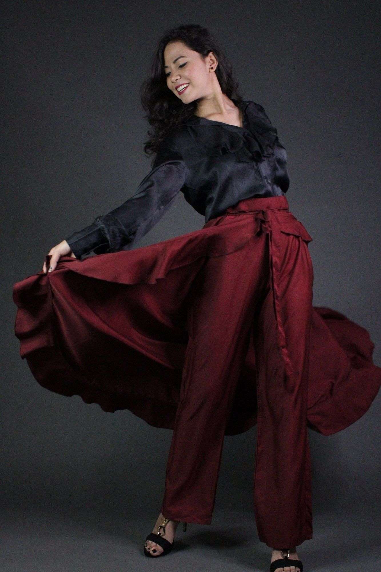 Classy & comfy Maroon apple silk pant skirt - Isadora Life Online Shopping Store