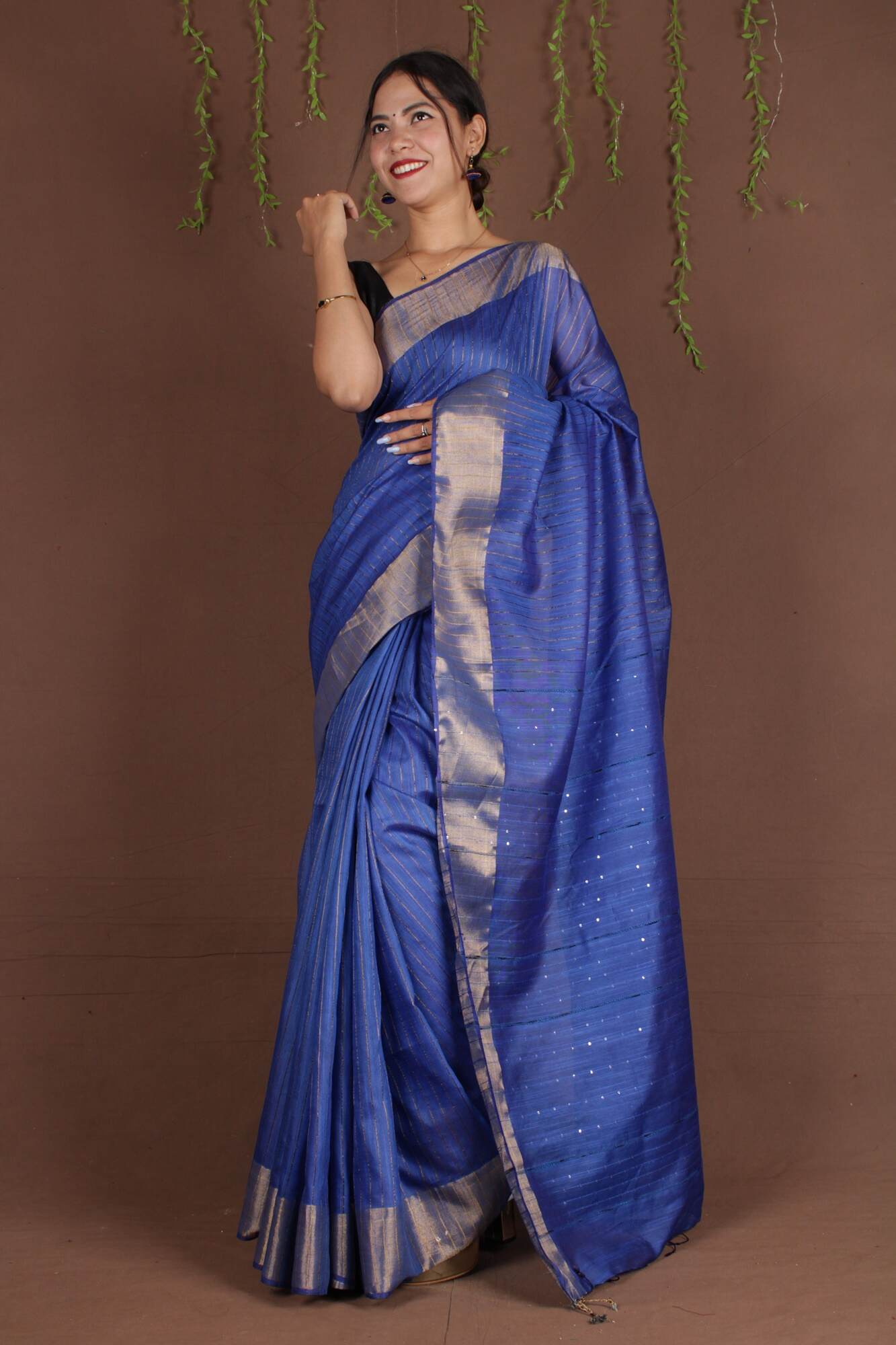 Blue bhagalpuri cotton silk with sequins all over pallu Wrap in 1 minute saree - Isadora Life Online Shopping Store
